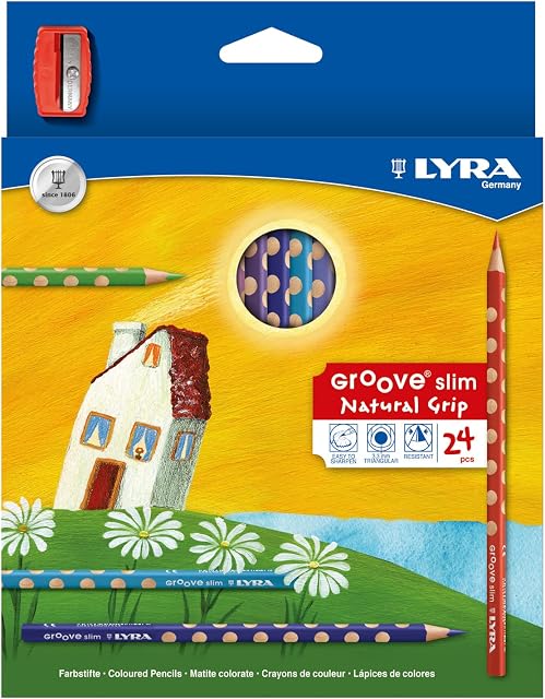 LYRA Groove Slim Wooden Colouring Pencils, 24 Pieces in Assorted Colours with Sharpener, Ideal for Children and Schools