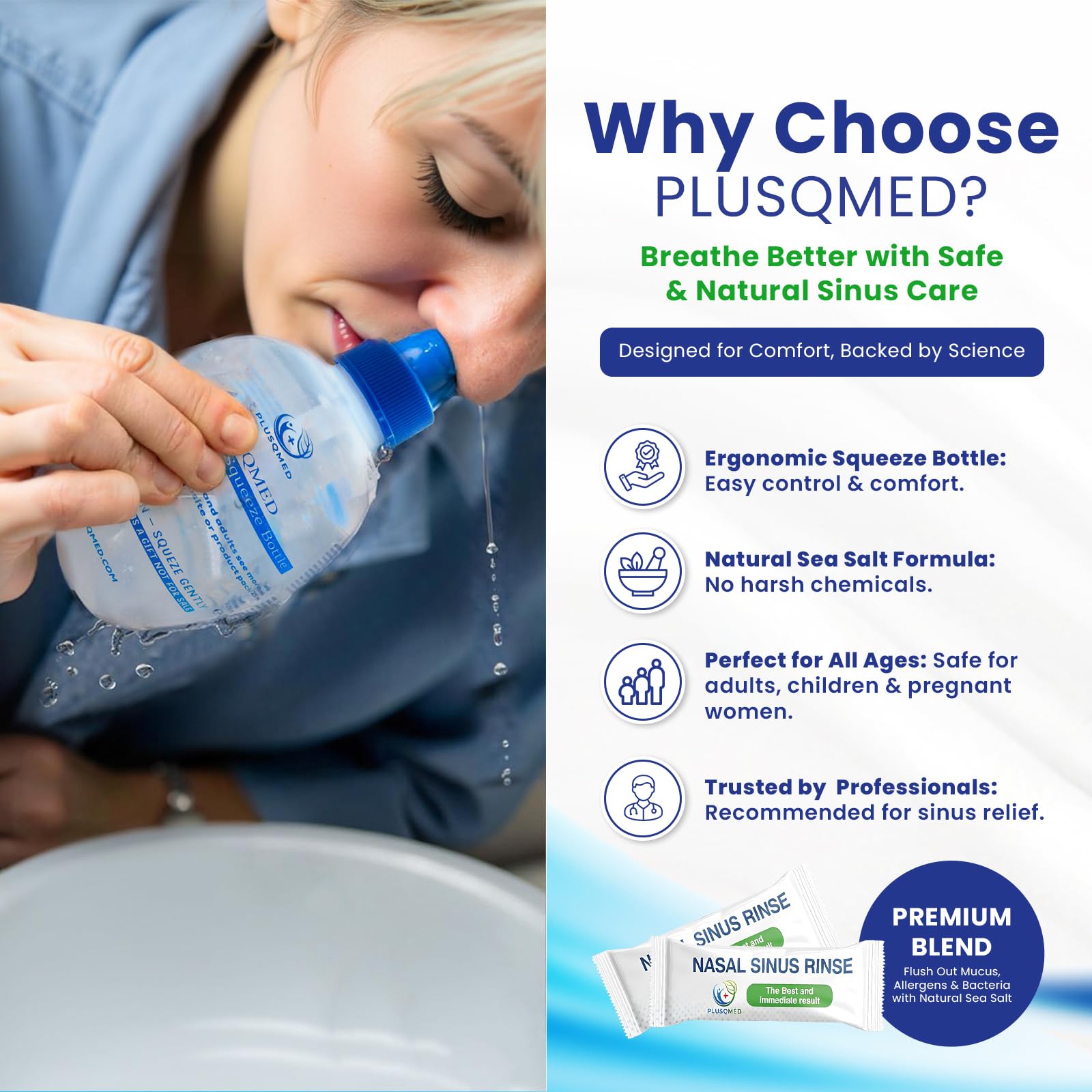 Kit per risciacquo sinusale, bottiglia da spremere, Neti Pot,+20 bustine di sale, Original Plusqmed, lavaggio nasale, risciacquo sinusale, adulti, bambini a partire da 2 anni, doccia nasale per la