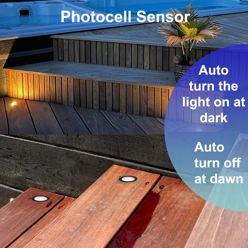 Sumaote Recessed LED Deck Light Kits Dusk to Dawn, 10 Pack φ1.22in Low Voltage 12V Warm White Step Lights with Photocell Sensor, IP67 Waterproof Outdoor Deck Stair Lighting for Patio Yard Path