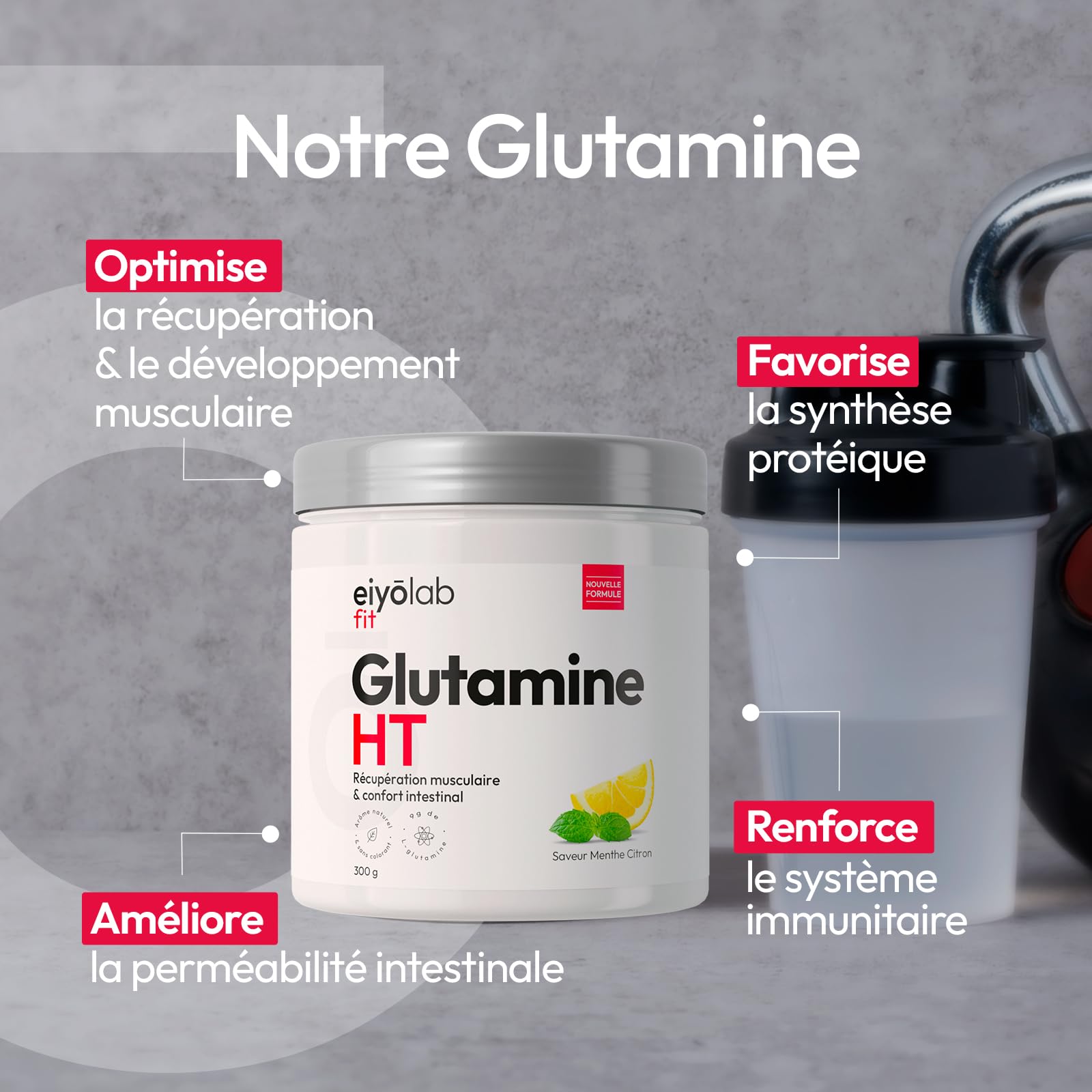 Glutamine HT | Poudre 100% Pure de L-Glutamine | 300 g | Récupération Musculaire et Santé Intestinale | 30 Portions de 10g | Acide Aminé Vegan et Sans Excipients | Goût Menthe Citron | Eiyolab
