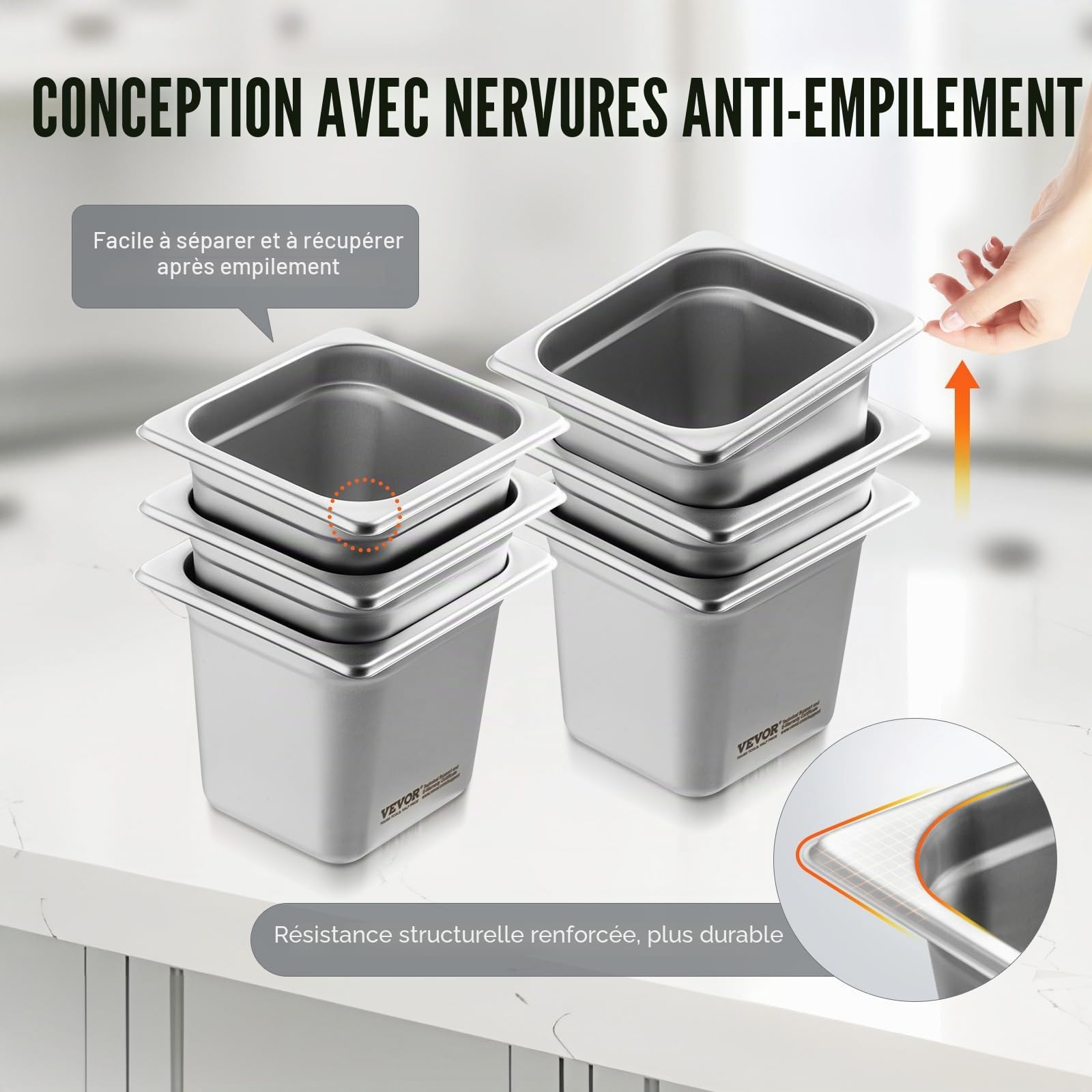 VEVOR Bac Gastronorme GN 1/6 Lot de 6, Récipient Inox pour Bain-marie 0,8 mm d'Épaisseur, Bac Inox Alimentaire 16 cm Profondeur, pour Fours à Convection, Réfrigérateurs, Stockage, Restauration