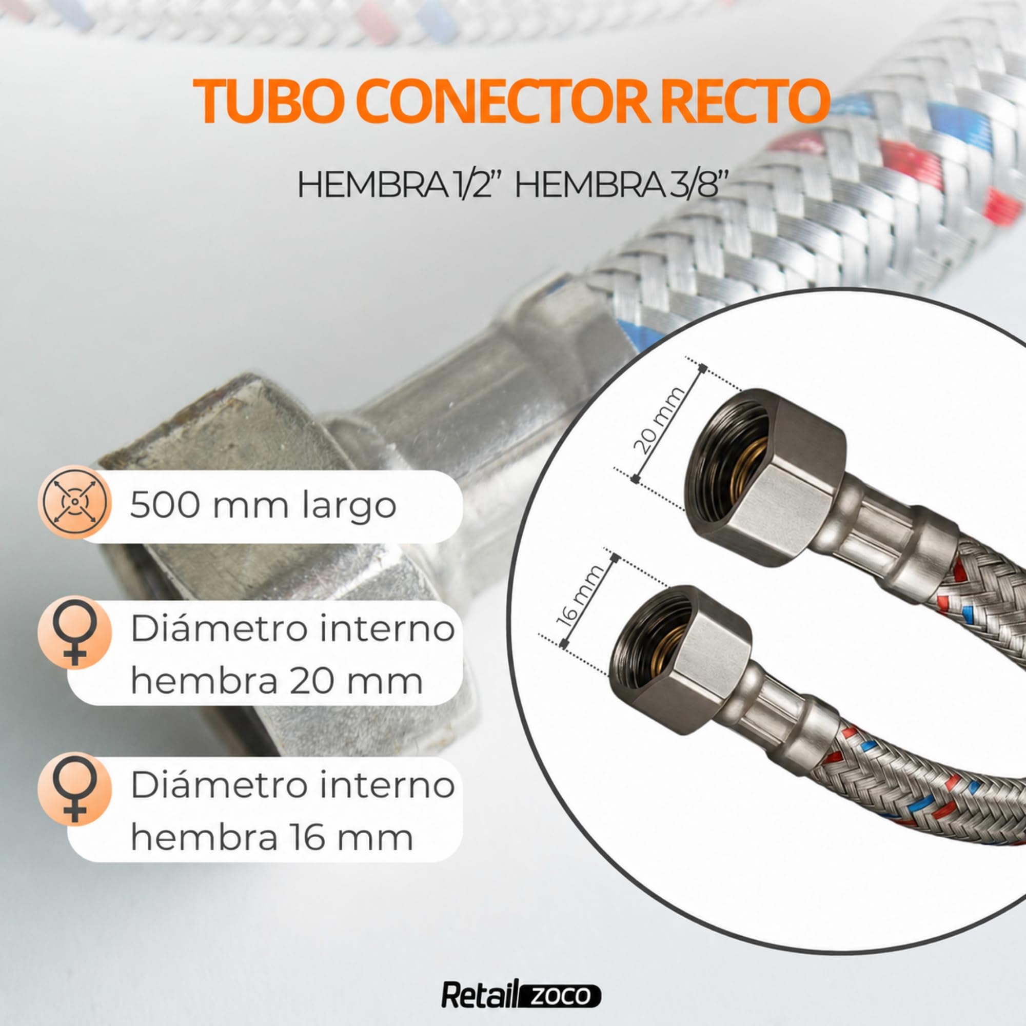 Latiguillo de Fontanería Hembra 1/2” x Hembra 3/8”, Longitud 50 cm - imagen 6