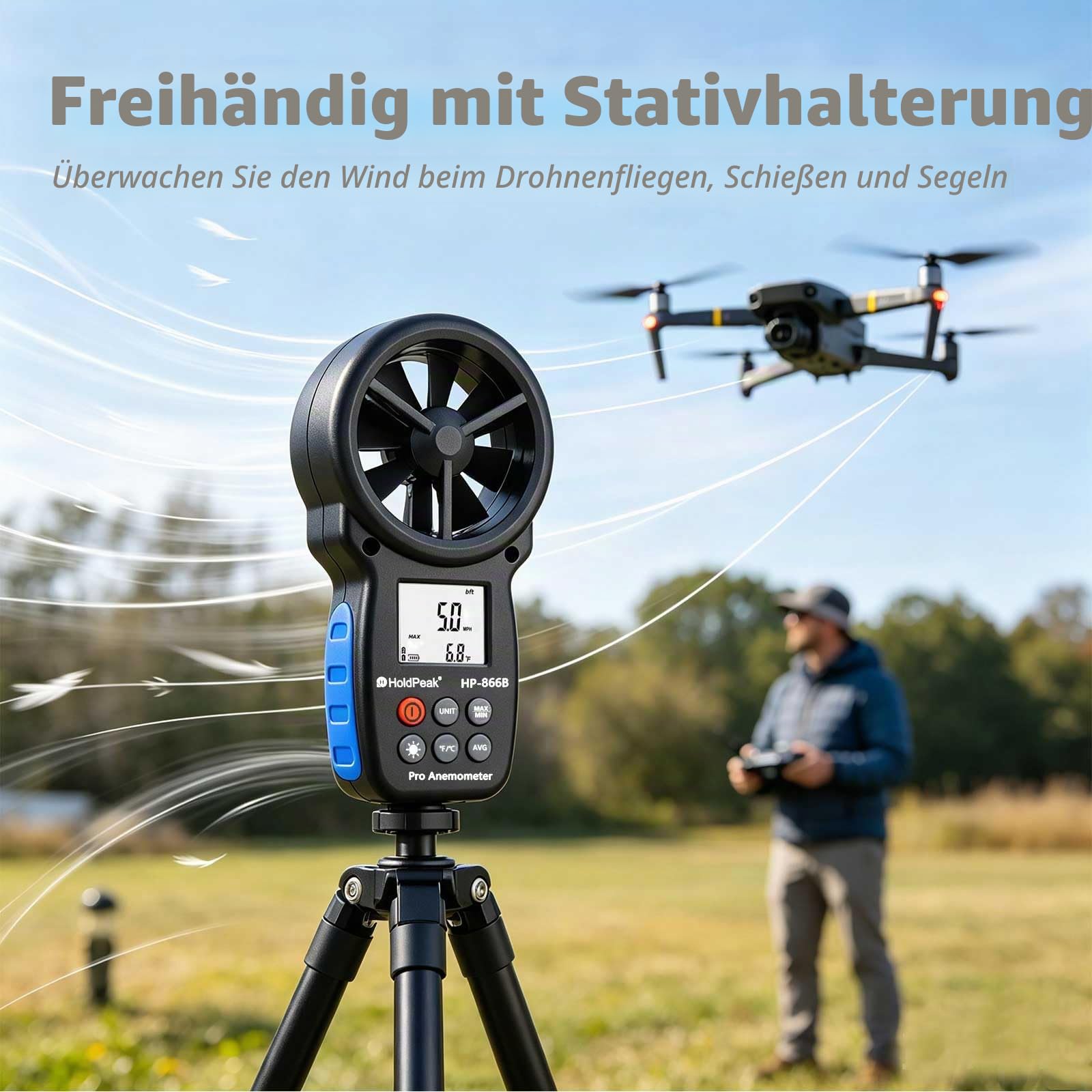 Digitales Anemometer Windgeschwindigkeitsmessgerät mit LCD-Hintergrundbeleuchtung