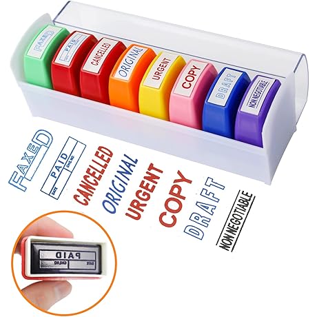 Self-Inking Office Stamp Assortment: 8-Piece Set Including 'Approved', 'Paid', 'Completed', 'Copy', 'Faxed',...