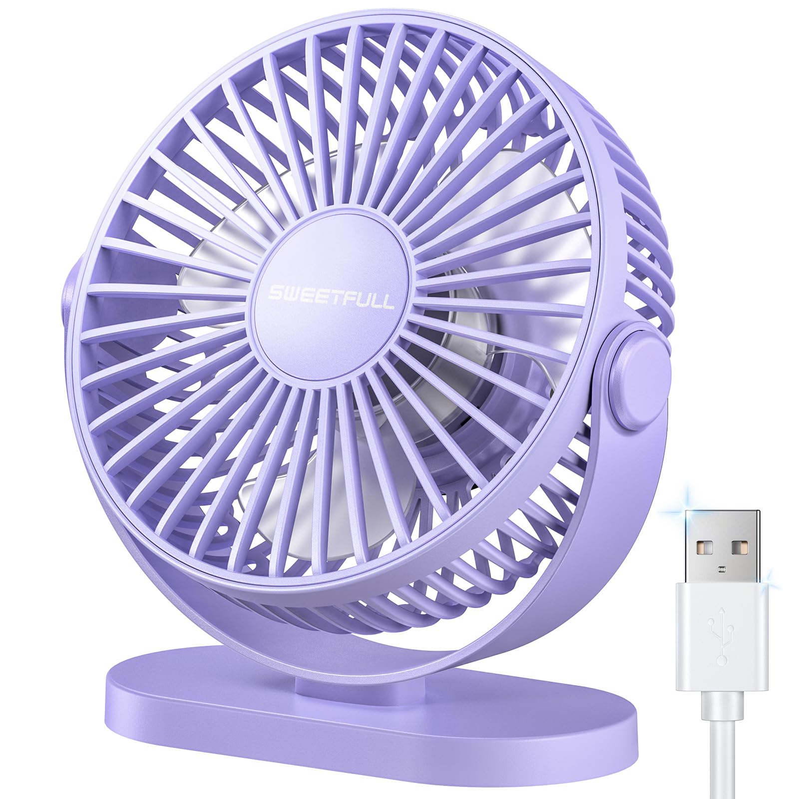 SWEETFULL USB Desk Fan Small Quiet - 3 Speeds Mini Personal Portable Fan 360° Rotation Adjustable, 5.5 Inch Office Table Cooling Gadgets on Desktop (Purple)