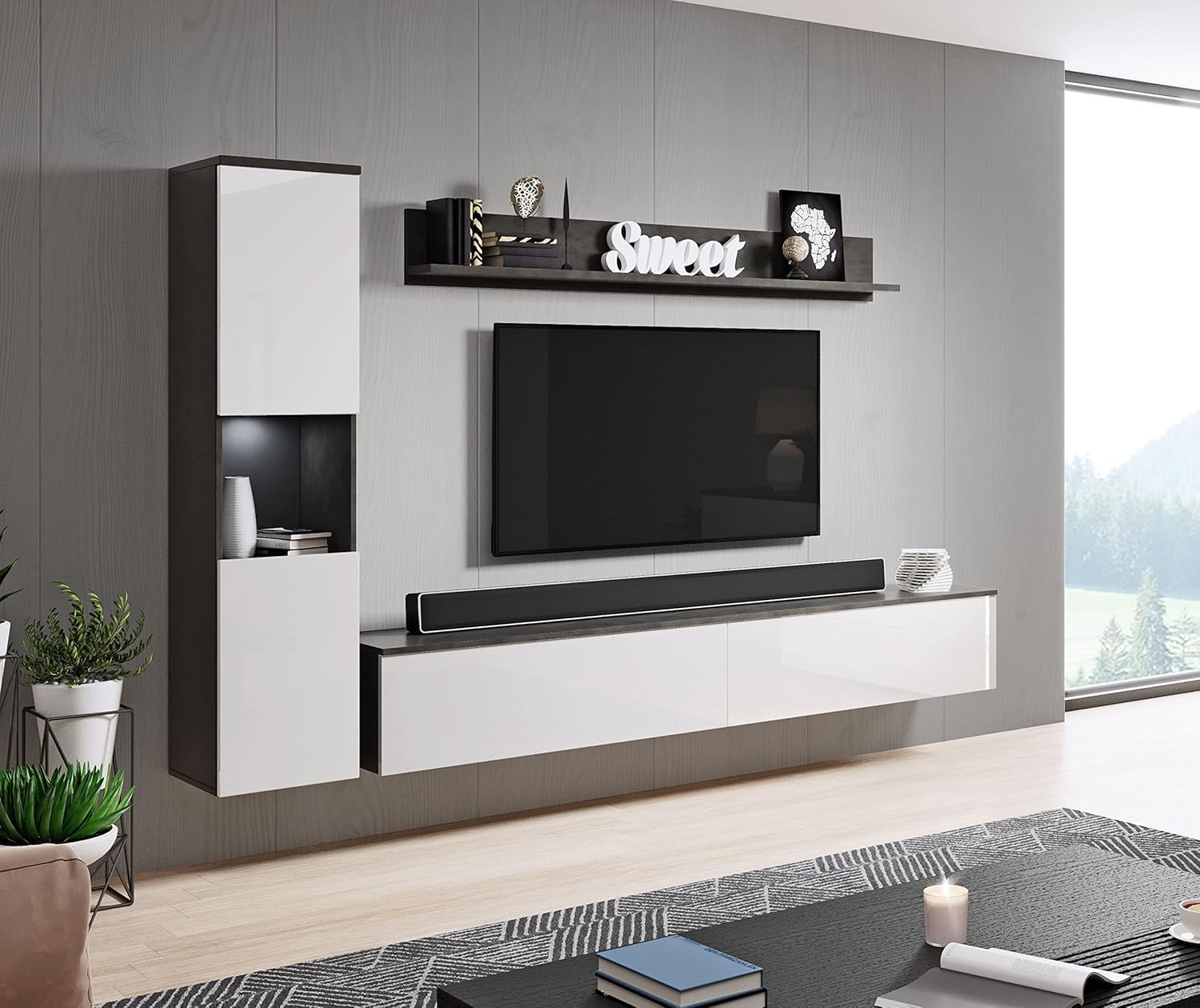 MINIO go for it - Wohnwand Parma 3-Teilig Set Hängend oder Stehend LED | Highboard, Lowboard, Wandboard, Laminierte Spannplatte, Farbe: Graphit Matera / Weiß Hochglanz
