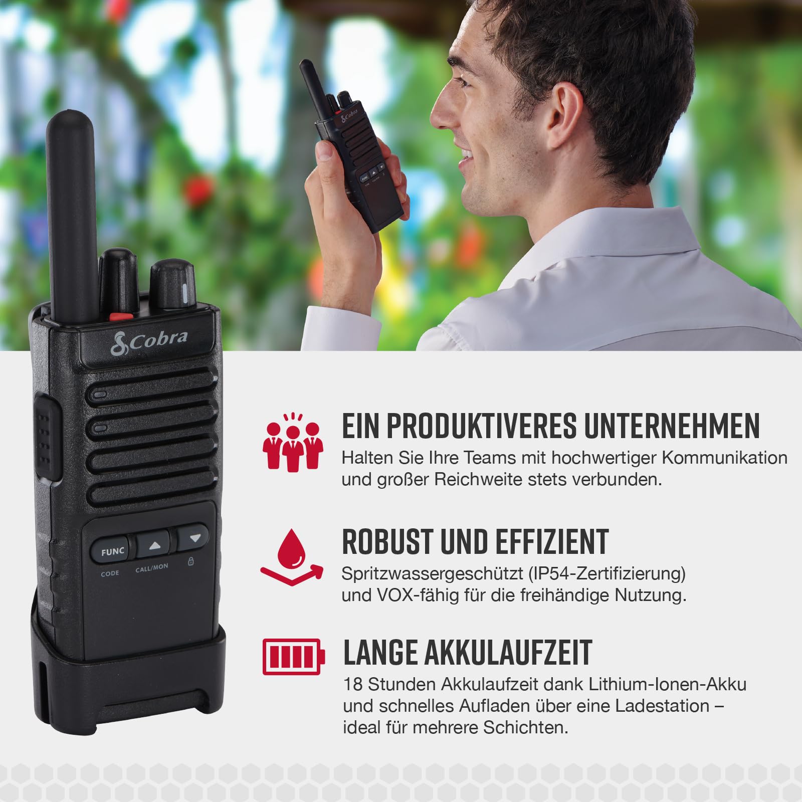 Cobra PX650 Professionelle Walkie-Talkies (6er-Pack) – Wiederaufladbare PMR446-Funkgeräte für Unternehmen, Reichweite von 27.000 m²/ 25 Etagen, staubgeschützt und spritzwassergeschützt (IP54)