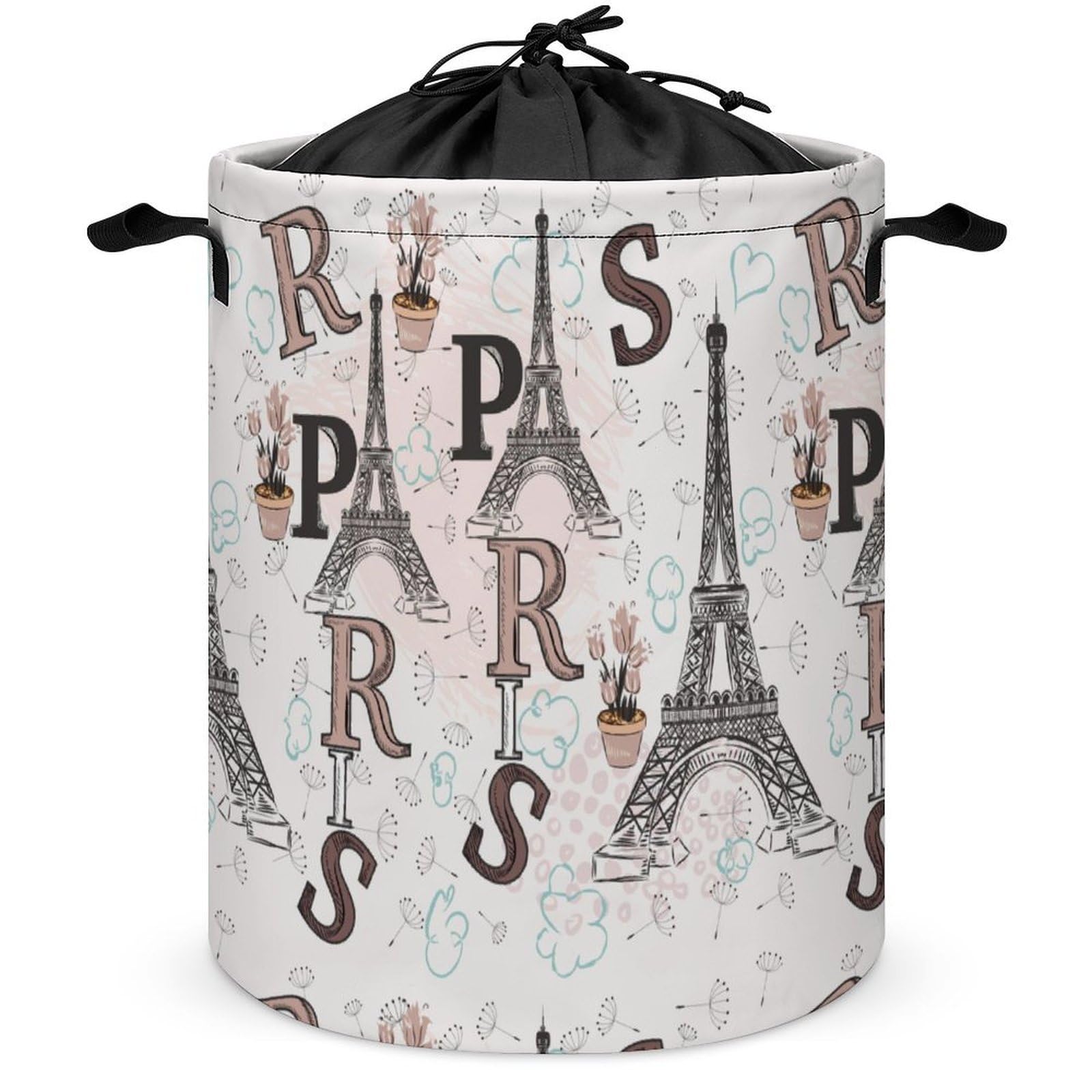 Qjjinxior Drawstring Laundry Hamper, Paris Eiffel Tower Floral Laundry Basket, Washing Basket with Handle