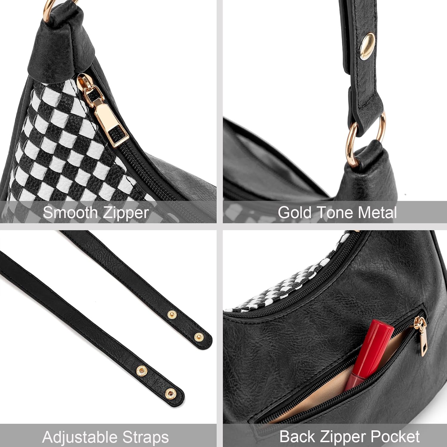 NIUEIMEE ZHOU Woven Shoulder Bag for Women Vegan Leather Checkered Crossbody Bags Tote Hobo HandBag Underarm Purses