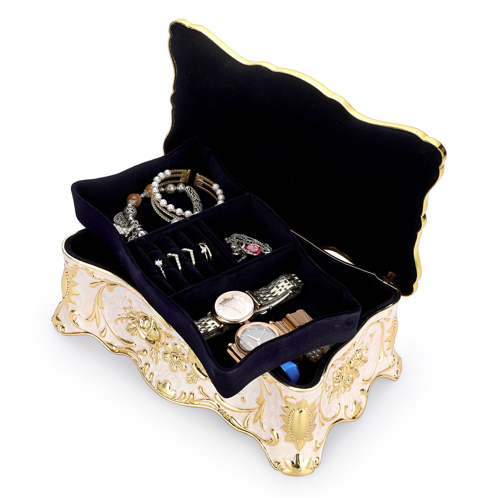 IGNPION Vintage-Schmuck-Aufbewahrungsbox, dekorative Schmuckvitrine für Ringe, Halsketten, Ohrringe-Aufbewahrung, große Metall-Schmucksachen-Organizer-Box (Beige, XXL)