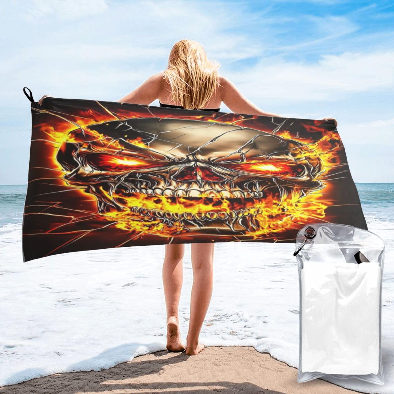 Anceky Fiery, Cracked, Demon Skull, Glowing Eyes, Digital Art Quick Dry Microfiber Travel Towel with Carry Case and Carabiner 31.5"X63"