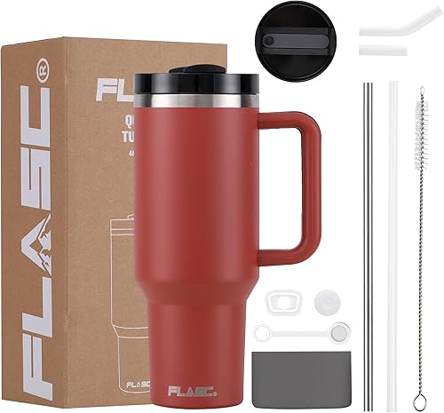 FLASC Vaso de 40 onzas con asa y pajilla, vaso aislado 100% a prueba de fugas con tapa y pajilla, incluye todos los accesorios popote de acero