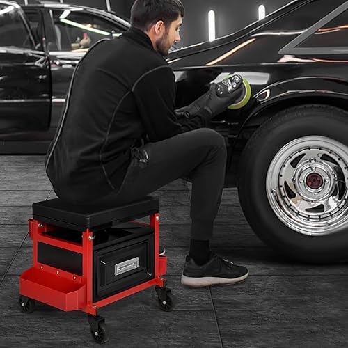 Miniatura 18 de M-AUTO Taburete mecánico con ruedas, caja de herramientas de garaje, asiento de pecho con ruedas, capacidad de 350 libras, asiento mecánico Negro