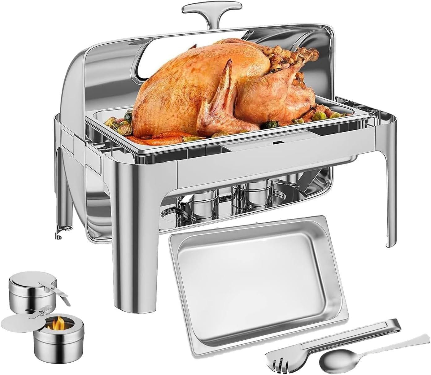Garvee Chafer clásico de Acero Inoxidable con Tapa Enrollable de 9 Cuartos de galón con Plato de Vidrio para Buffet [al Menos 8 Personas]