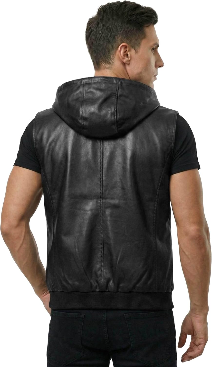Mens Leather Vest with Hood - Sleeveless Style Real Lambskin Hooded Leather Motorcycle Vest for Men