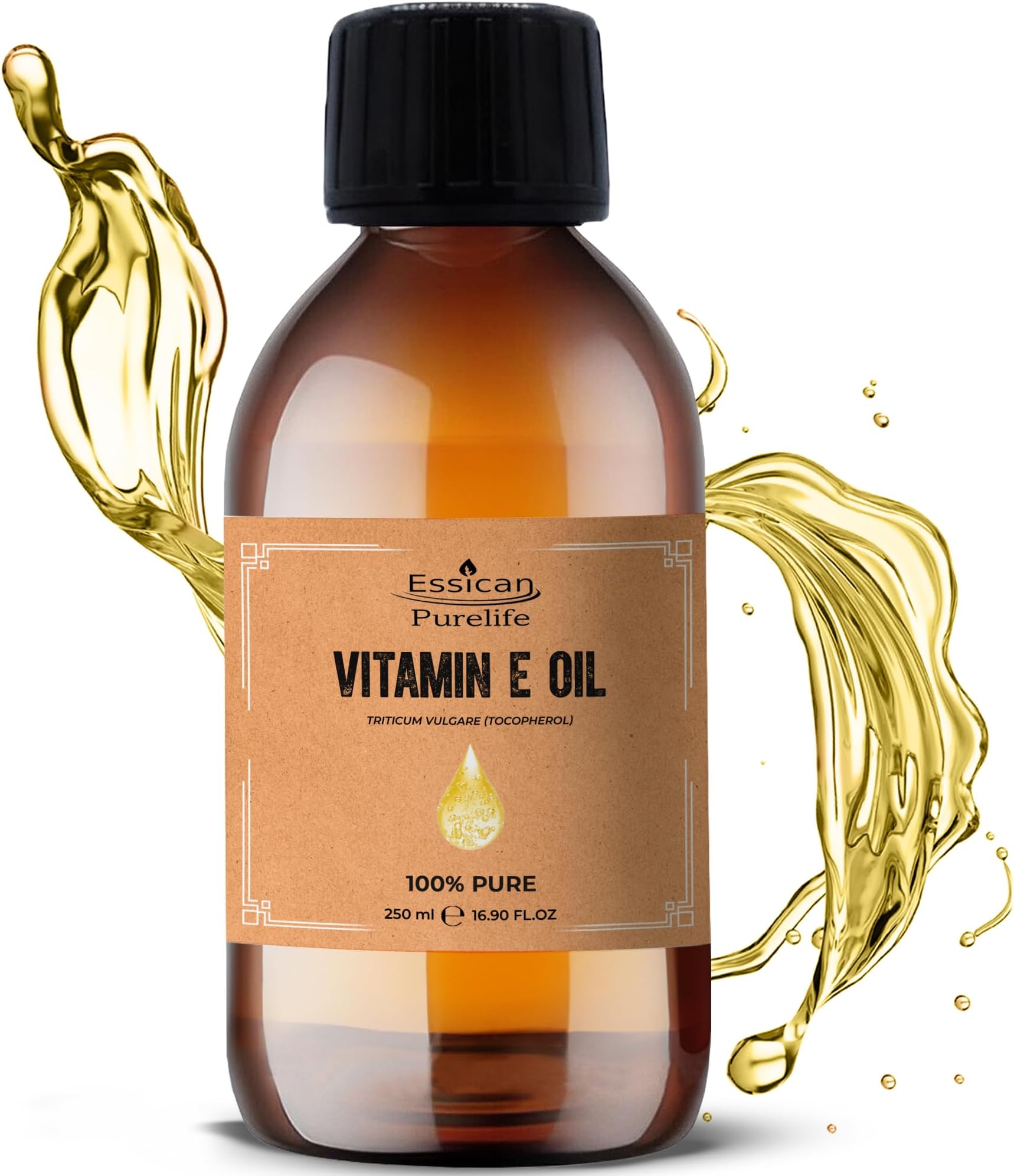 Essican Purelife Pure Vitamin E Oil for Skin, 250ml Natural Vit E Oil for Skin, Hair & Face, Antioxidant Rich, Carrier Oils for Essential Oils Mixing, Supports Hair Growth, Nails & Cuticles