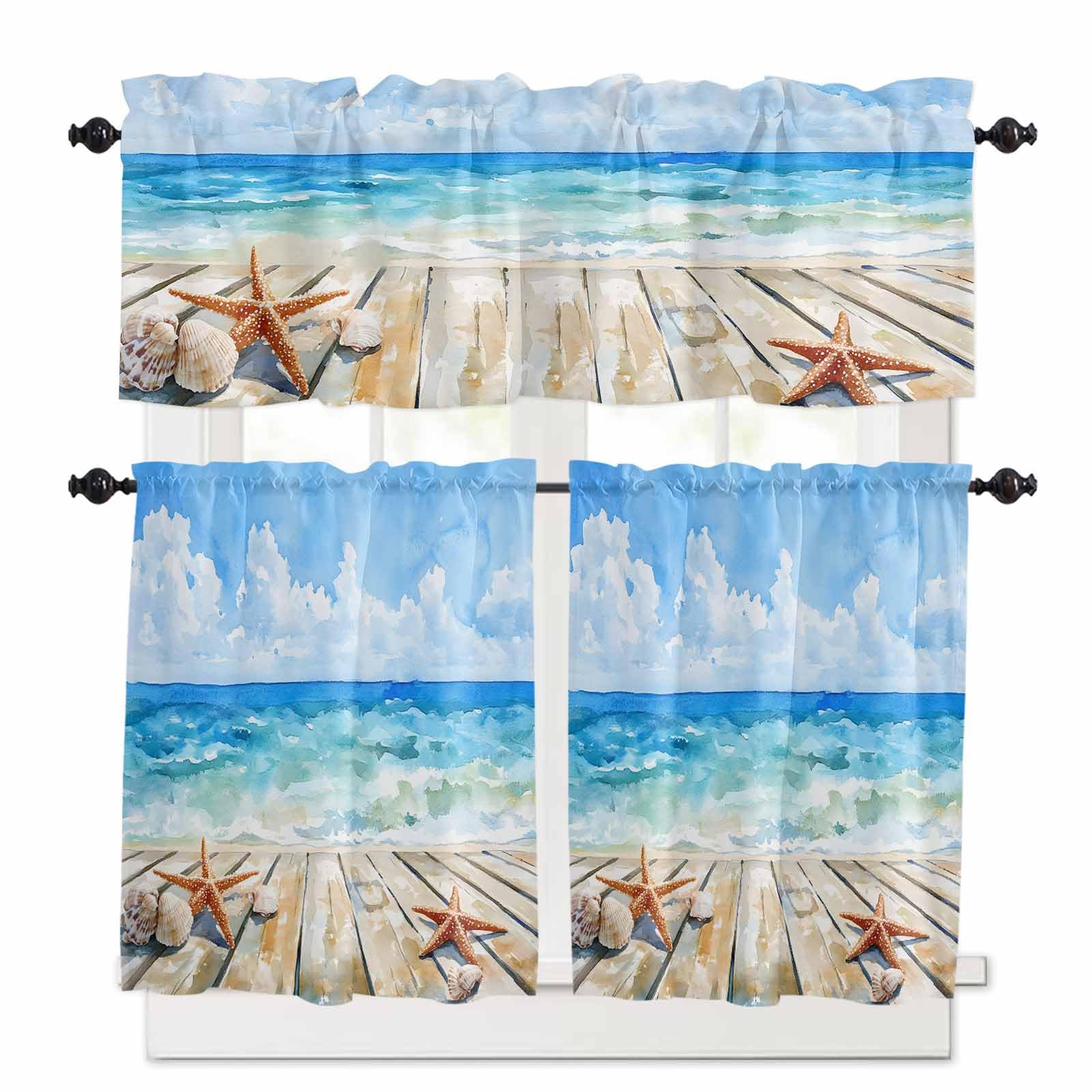 Summer Ocean Beach Kitchen Curtains 36 Inch Length,3 Piece Rod Pocket Small Half Tiers and Valance Set,Coastal Starfish Seashells Blue Sky Small Large Window Treatment Decor for Bedroom/Bathroom Sink