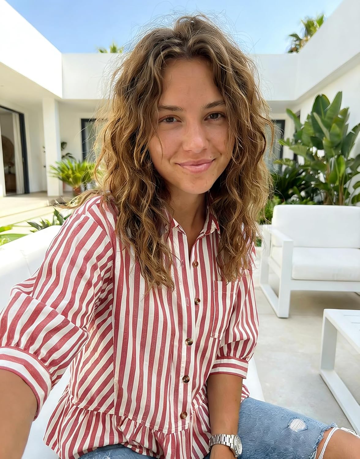 Dokotoo Cropped Button Down Striped Shirt 3/4 Length Sleeve Womens Tops Dressy Casual Blouses Babydoll Tops - Image 3