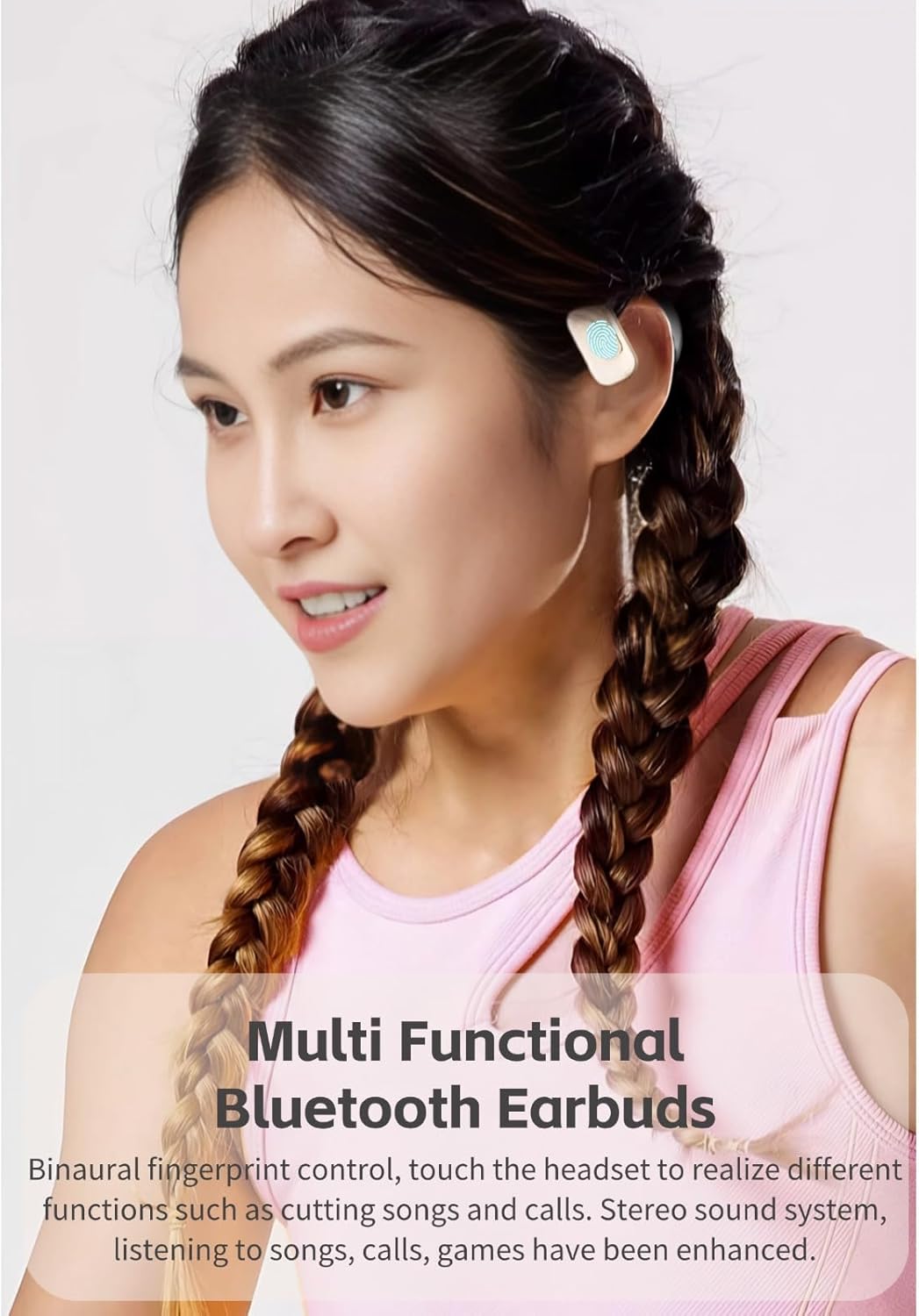 Woman wearing Yoidesu BL02 earbud, demonstrating touch control functionality