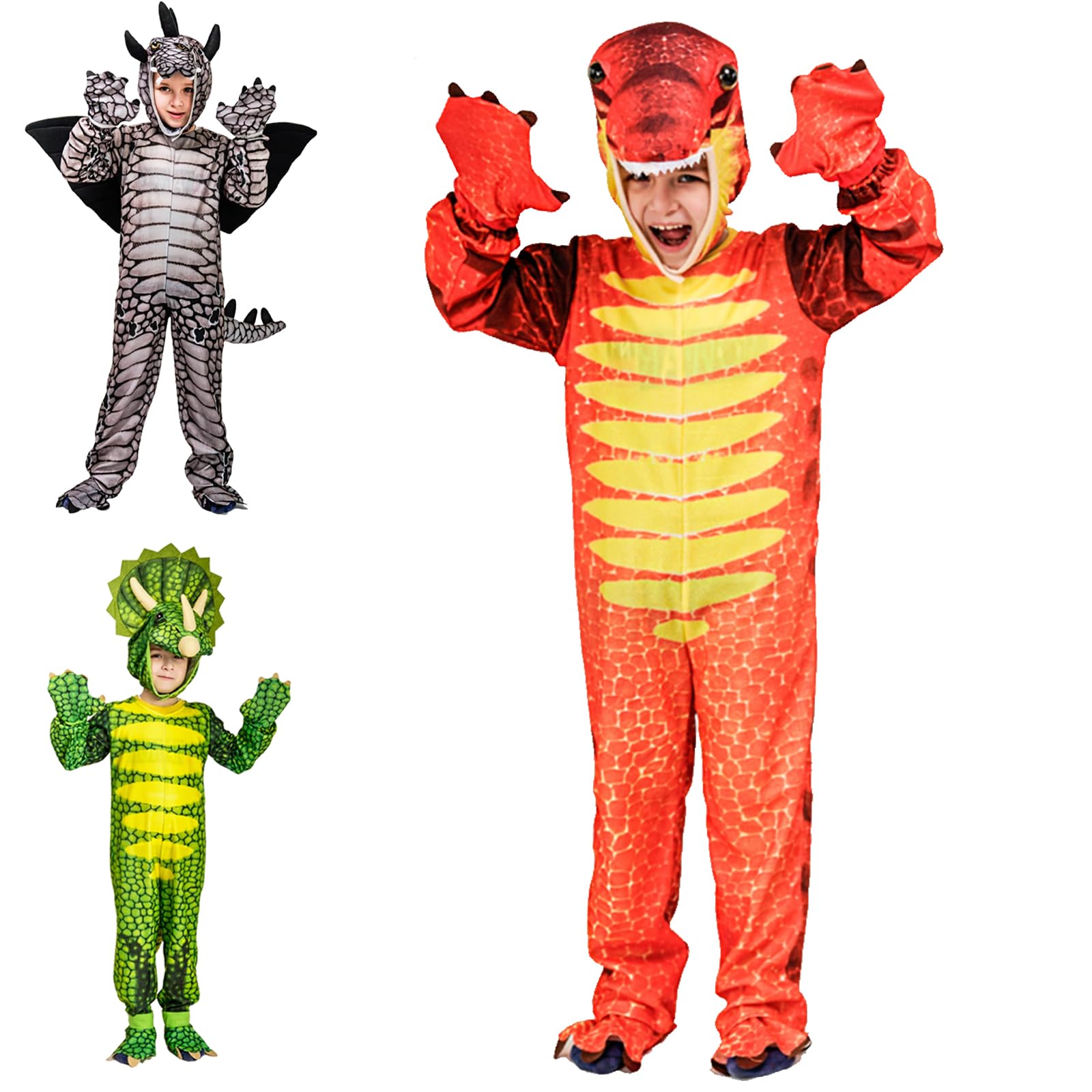 XIEXIESHER Disfraz Dinosaurio Niño, Jumpsuit con capucha y cola, Disfraz Dinosaurio Niño y Niña, Carnaval, Halloween, Navidad y Fiestas Costumes Dinosaurio Adecuado 4-12 Años