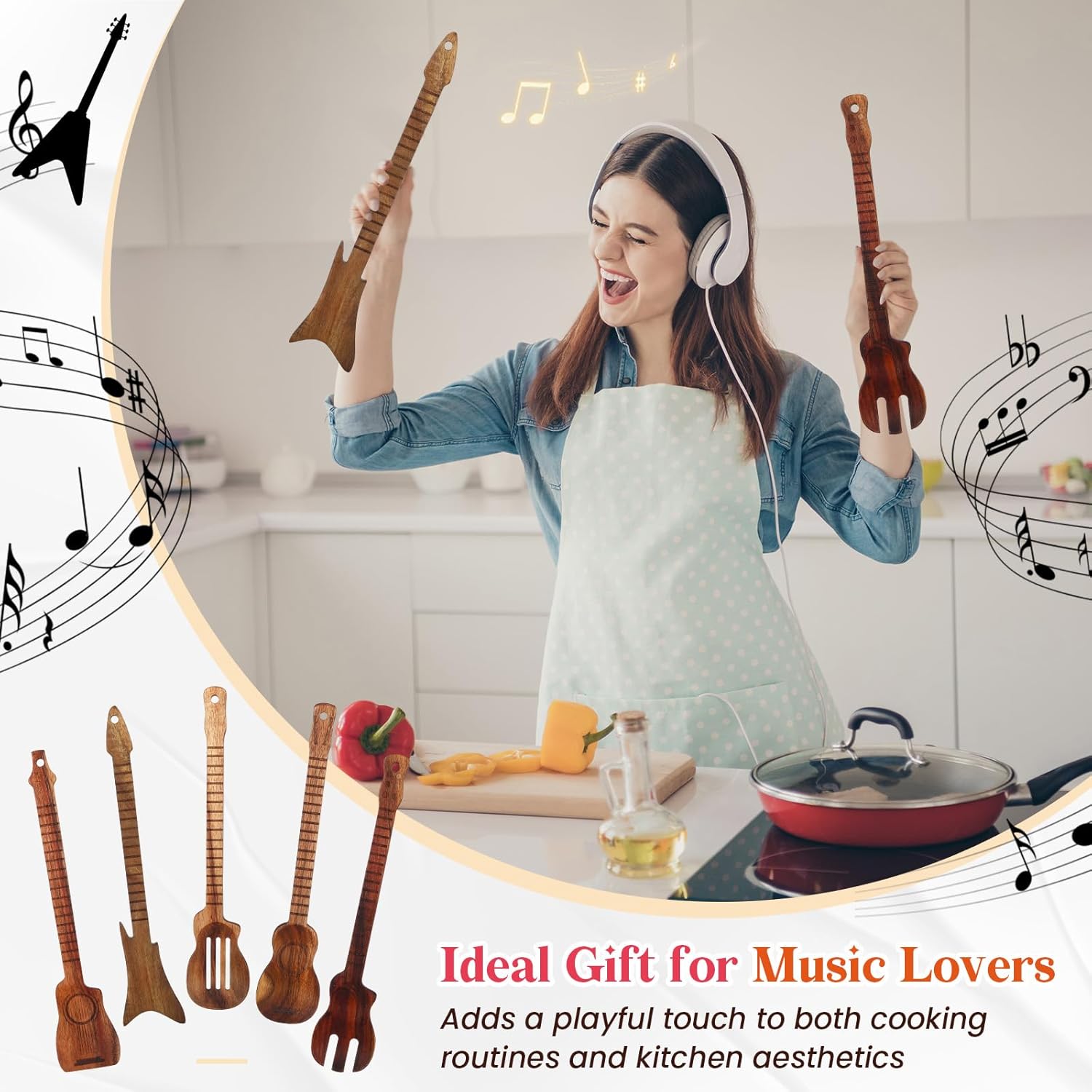 Potchen 5 Pcs Gifts for Guitar Players 12 Inches Guitar Shaped Utensils Set Natural Acacia Wooden Spatulas Spoon, Unique Musician Valentines Gifts for Music Lovers Kitchen Decoration