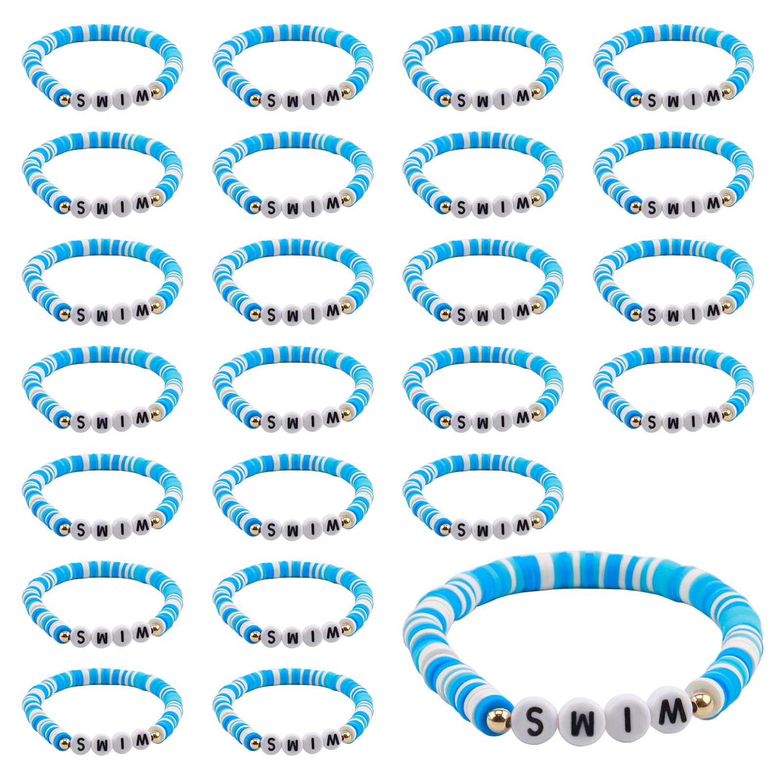 JDRGJTH 24 Pack Swimmer Gifts Blue Clay Bead Stretch Bracelets Swim Surfer Beach Bracelets Swim Party Favors for Swim Team Swim Lover Player Shower