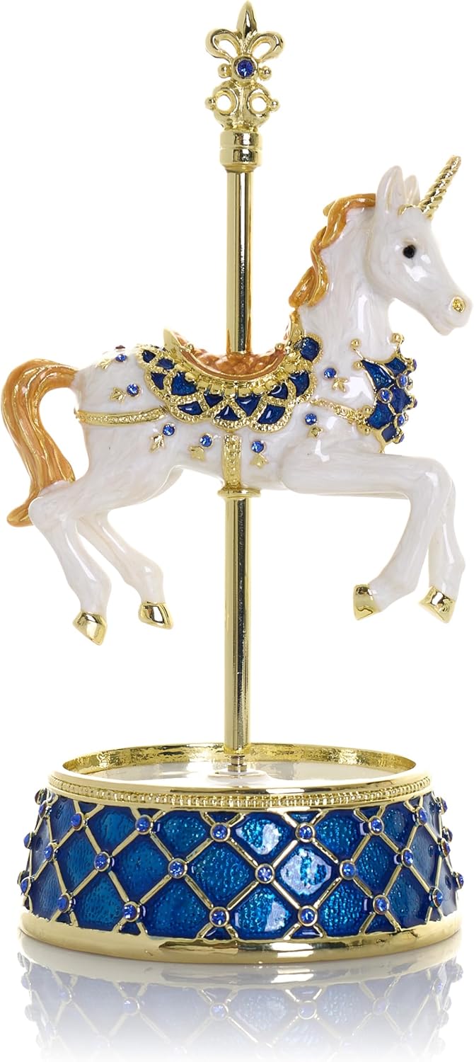 Keren Kopal White Unicorn Carousel Horse Music Box, Enamel with Austrian Crystals, 24K Gold Plated,