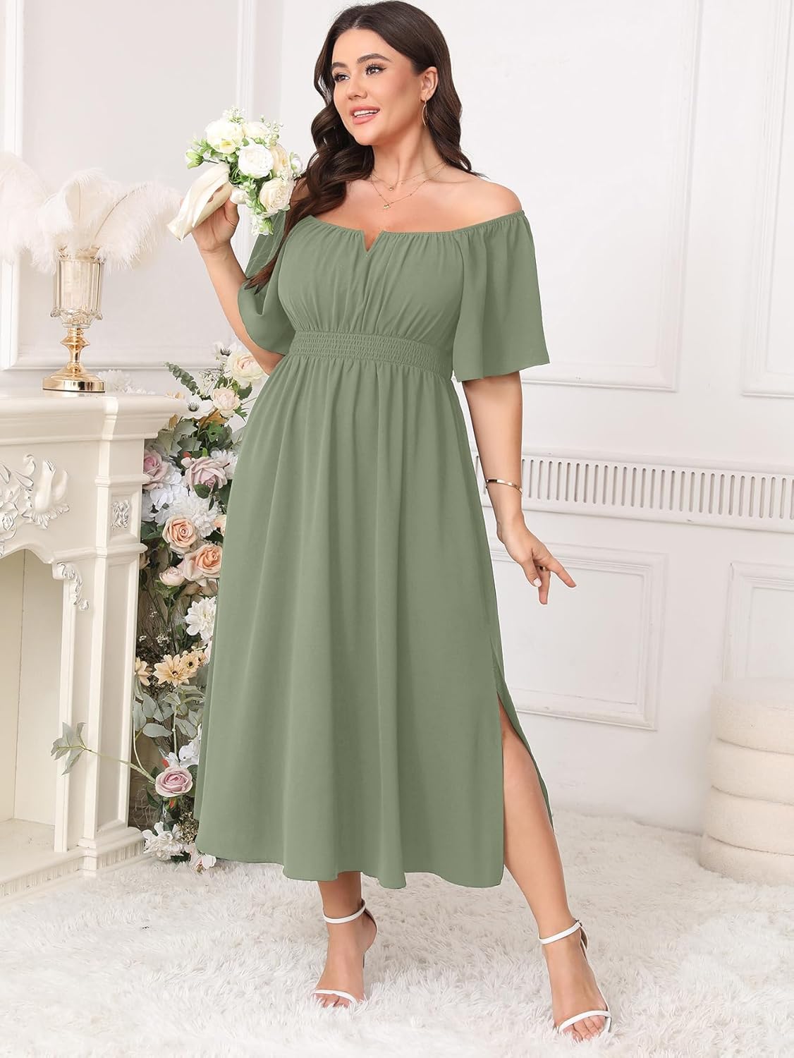 Women Plus Size Dress Wedding Guest Formal Ruffle Short Sleeve Square Neck Smocked Flowy A Line Slit Maxi Dresses - Image 2