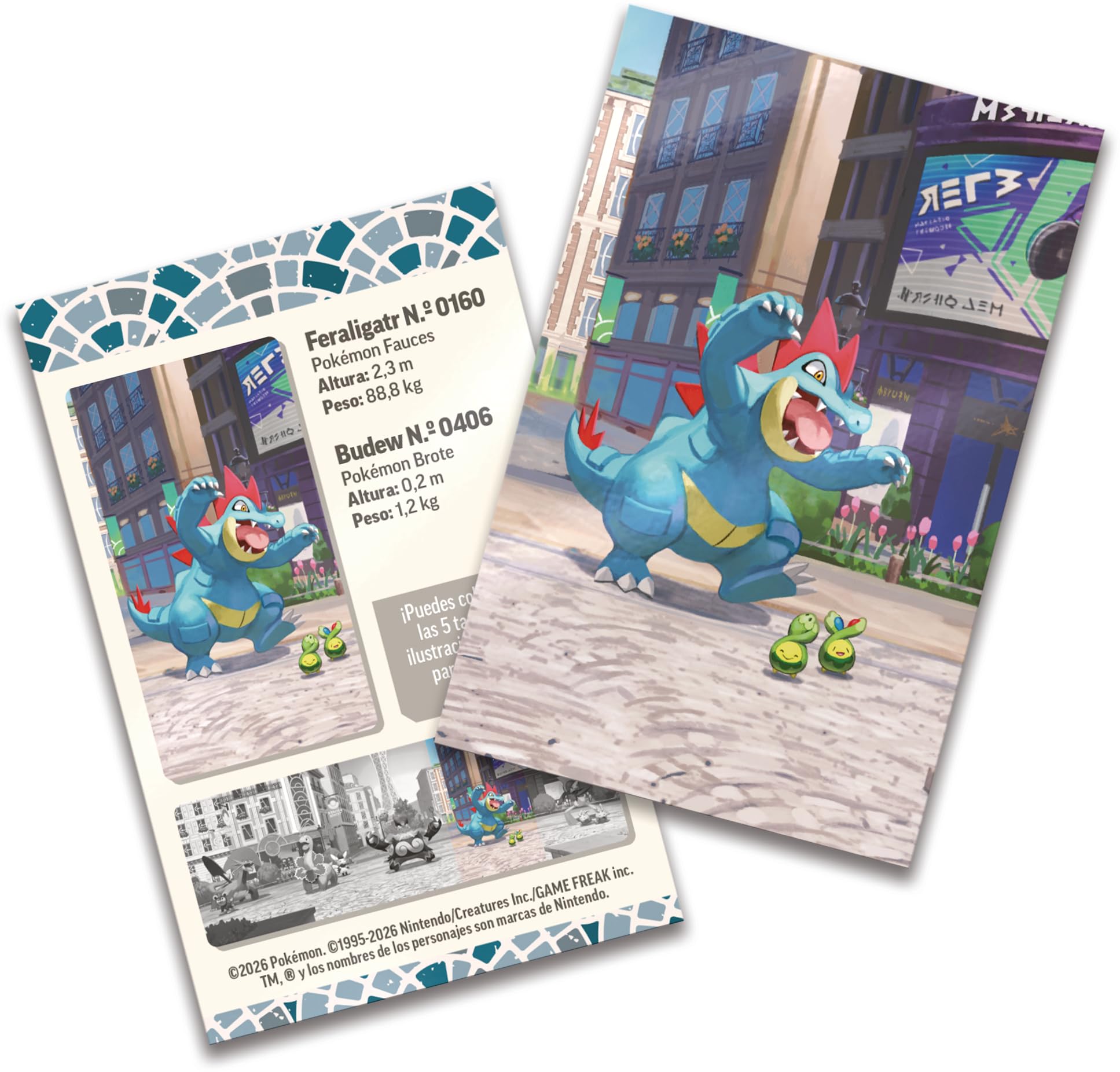 Pokémon: Minilata Ciudad Luminalia: Feraligatr y Budew de JCC Pokémon (2 Sobres de Mejora, 1 Tarjeta ilustrada y 1 Pegatina)