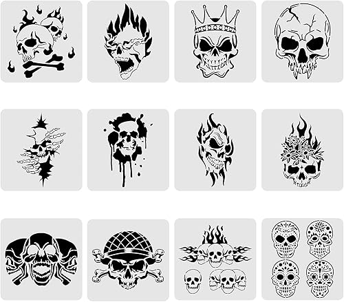 BENECREAT 12 plantillas de dibujo de plástico con patrón de calavera, plantilla de pintura de suspenso de terror de 12 x 12 pulgadas para hacer