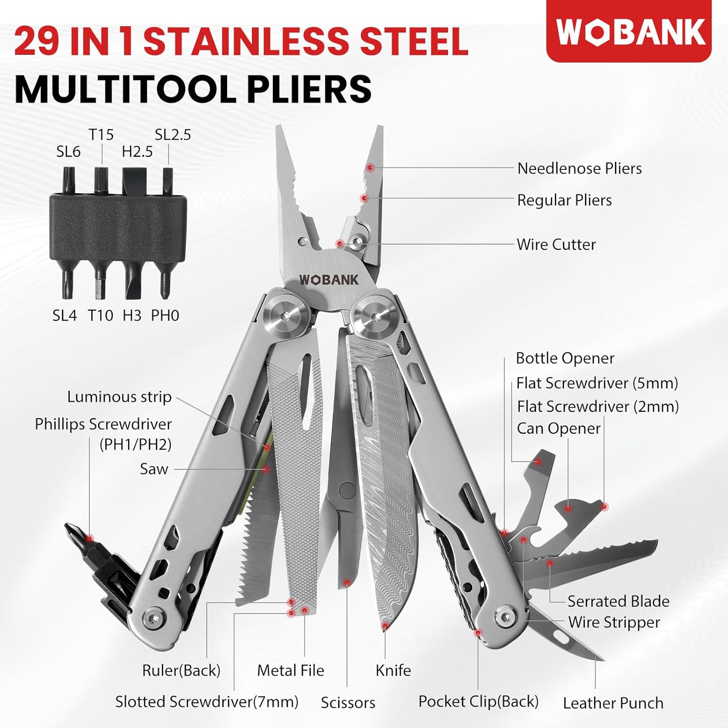 multitool, 29-in-1 stainless steel multi tool pliers with screwdriver sleeve, damascus pocket knife, nylon sheath for survival camping, hunting and hiking