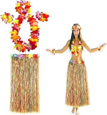 Adult Grass Skirt for Luau Party with Flower Leis