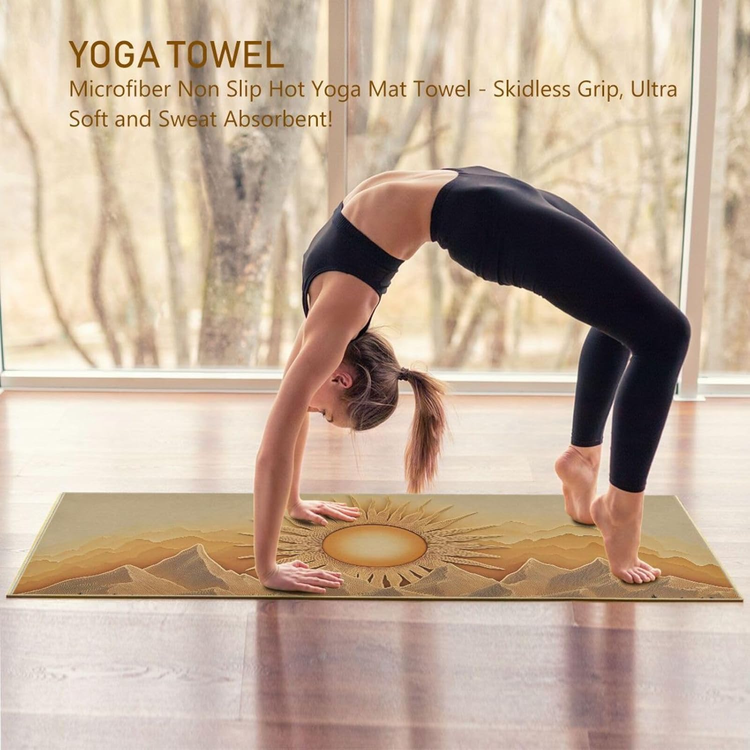 Yoga Mat Towel with Silicone Grip Dot Landscape Sun Moutain – 73"x27" Non-Slip Sweat Absorbent Microfiber Yoga Towel for Home Gym Studio