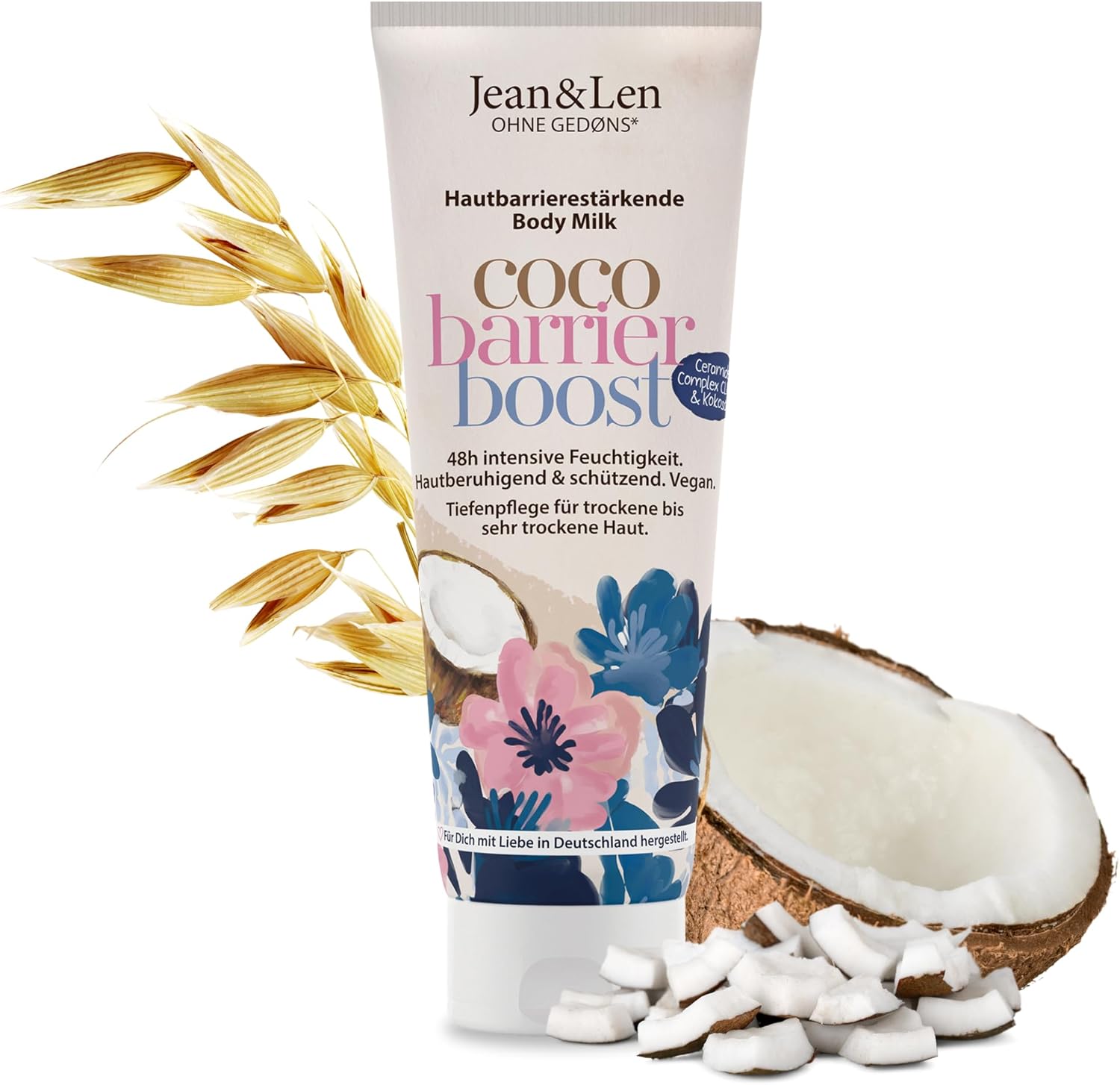 Jean & Len Body Milk Ceramide Complex & Coconut Oil, Rich Texture, Skin Barrier Strengthening Care Formula, Coconut Fragrance, Body Lotion for Dry to Very Dry Skin, Parabens & Silicones, 250 ml
