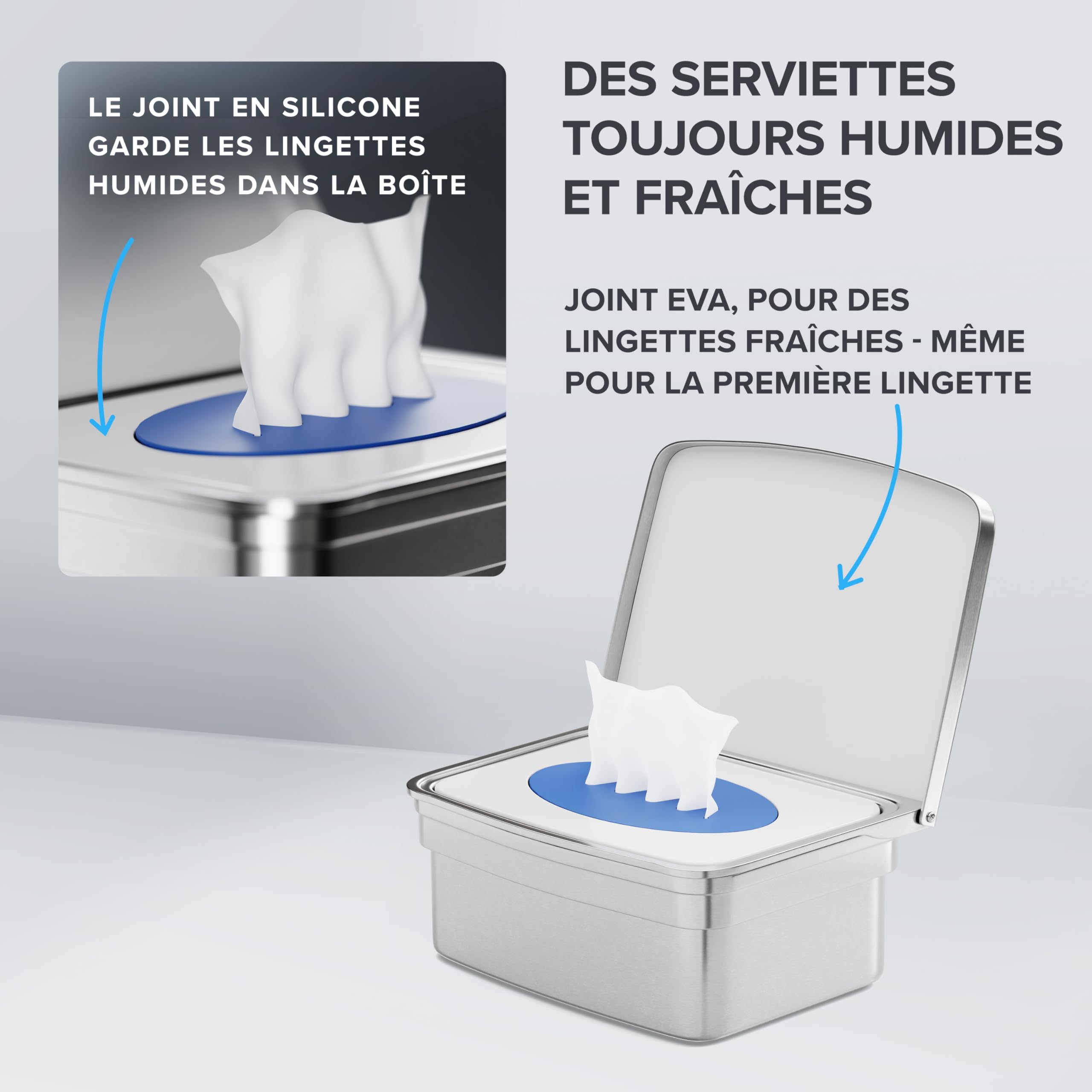 ovimar Boîte pour lingettes humides avec couvercle Egense | acier inoxydable poli argenté | sans percer | Pour que les lingettes cosmétiques restent toujours fraîches grâce à la boîte de rangement