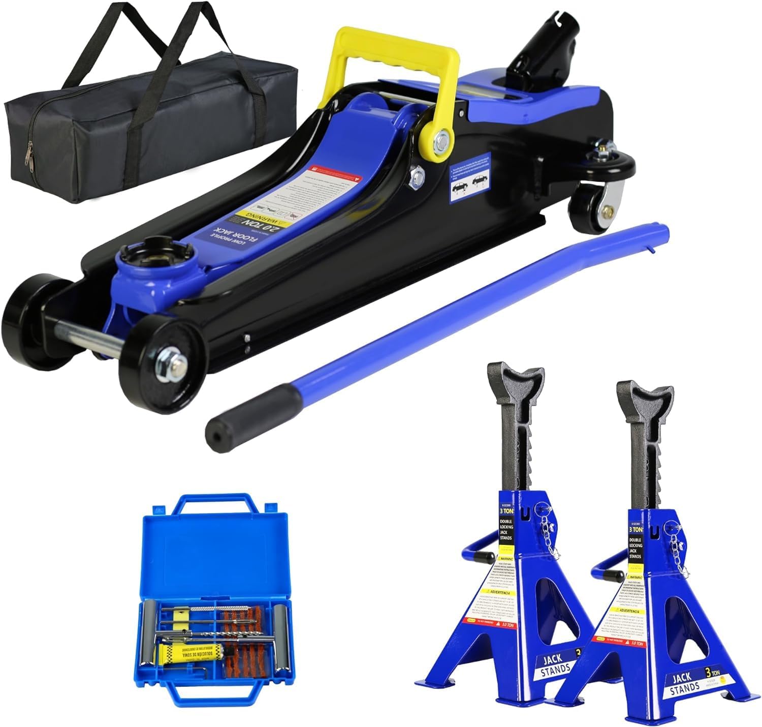 Goujxcy 4 Piece Car Truck Floor Jack Service, Floor Jack & Jack Stands & Tire Repair Kit for Garage Automotive Repair Shop DIY, Lift Range 3.3"-15.2", Professional Trolley Jacks 2 Ton/4000 LB Capacity