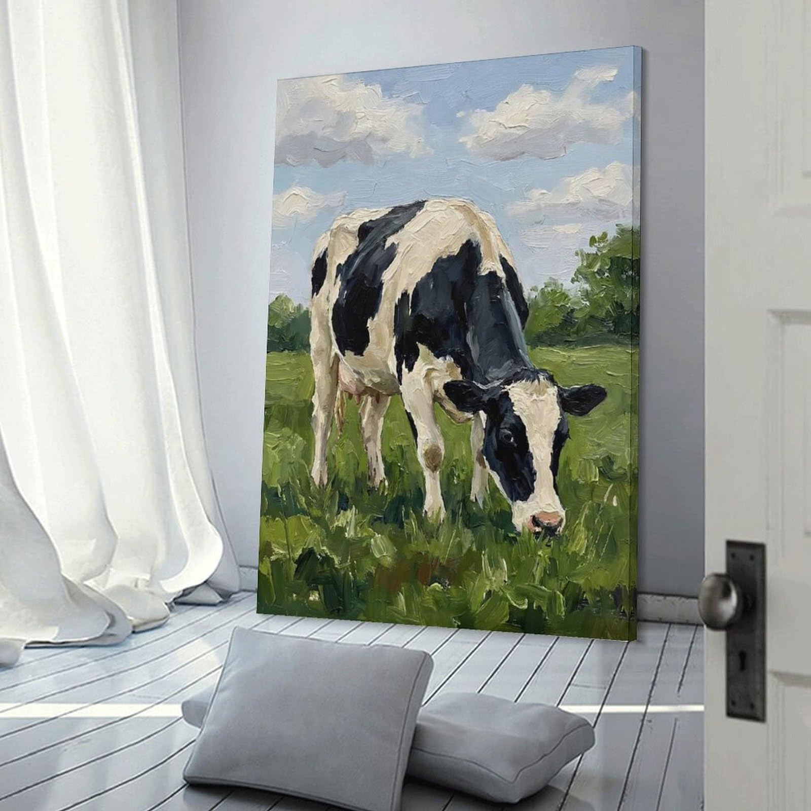 Junmoney Cow Grazing in A Field Hanging Wall Art, 16x24inch(40x60cm), for New Homes, Bedrooms Or Workspaces, Thoughtful Wall Decor for Art Lovers