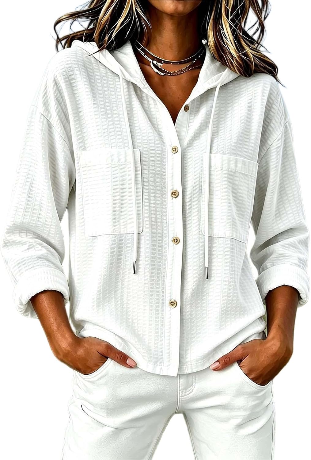 Women's Striped Button Front Hoodie Sweatshirts Long Sleeve Drawstring Pullover Tops with Pockets Going Out Clothes