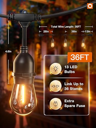 Miniatura 28 de addlon - Tira de luces LED para exteriores de 48 pies con bombillas Edison de 2 W regulables, irrompibles y filamento de grado comercial resistente
