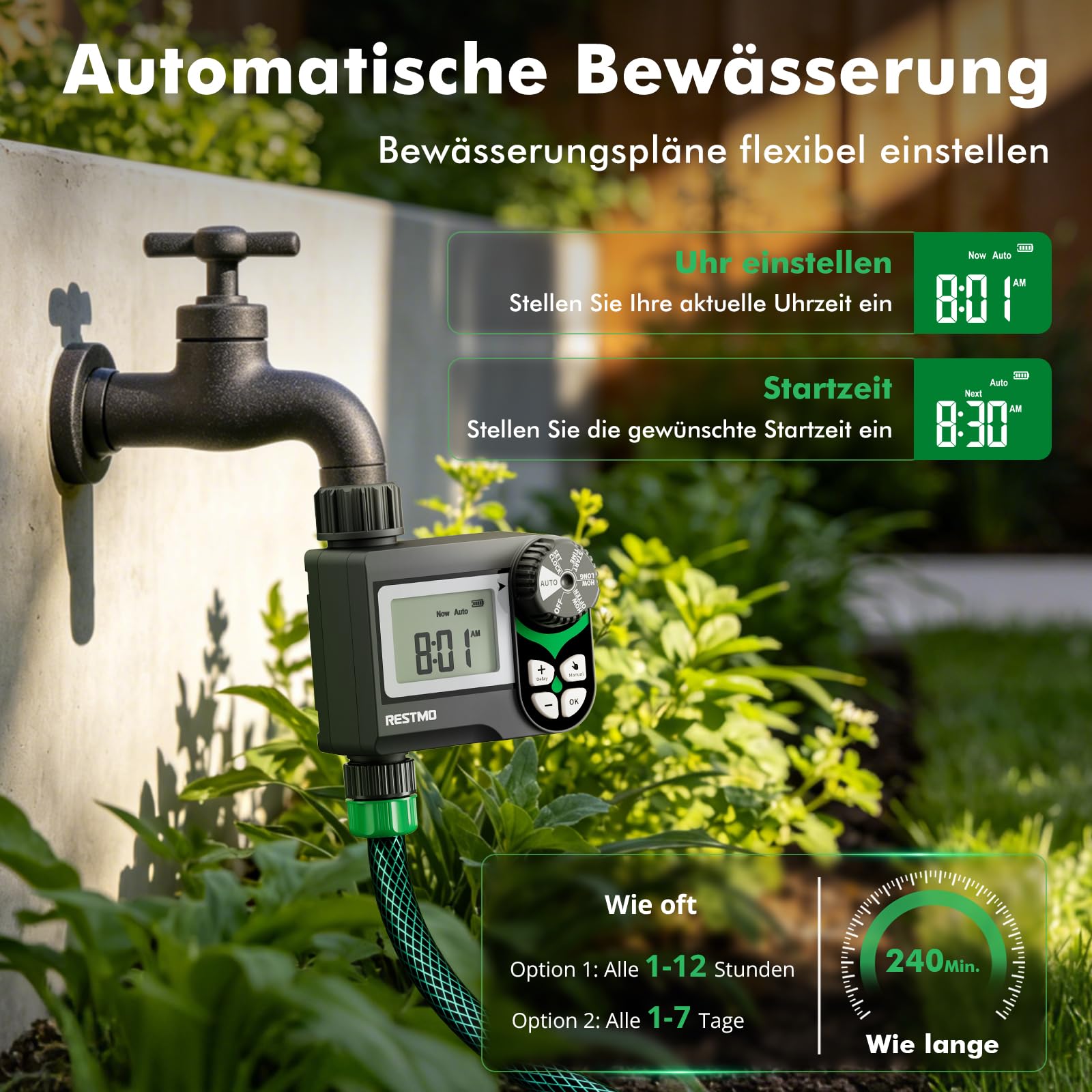 RESTMO Bewässerungscomputer mit druckverlustfreiem Kugelhahn (0-120 PSI), Intervall-Programm (2 Modi) & Regenverzögerung (24-72 h) – Gartenbewässerungssystem für Regentonnen, Hochbeete, Rasen
