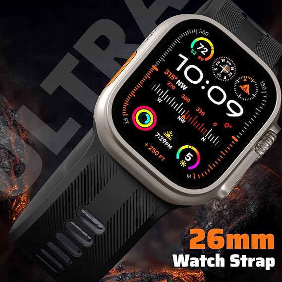 Dirrelo Compatible with Apple Watch Ultra 2 Strap 49mm 46mm 45mm 44mm 42mm Men, 26mm Wide Sport Soft Silicone Band for iWatch Ultra 2 Ultra 3 Strap SE 2 3 Series 11 10 9 8 7 6 5 4 3 2 1,Black/Gray