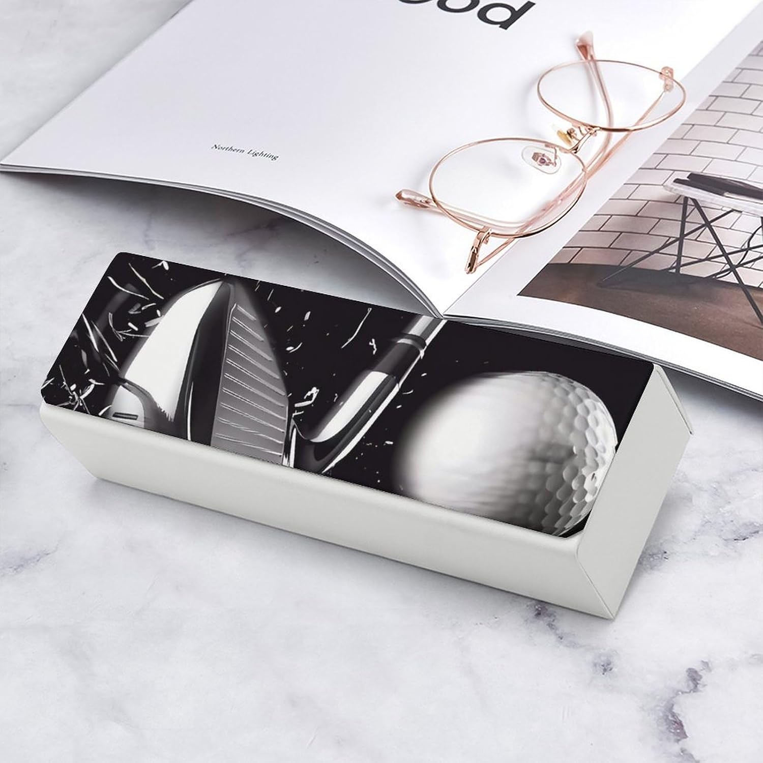Black And White Golf Eyeglass Case, Durable Convenient Spectacle Cases with Cleaning Cloth Leather Eyeglasses Storage Box for Sunglasses Man Women