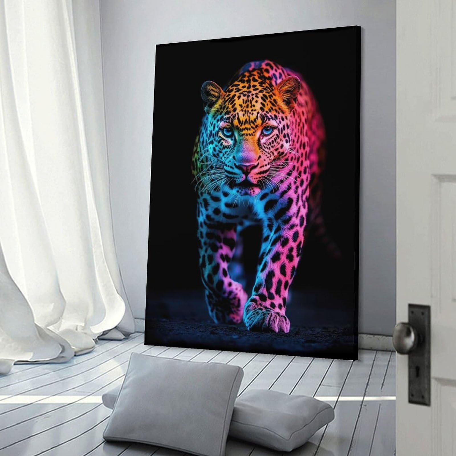 Junmoney Frame-Style-21 Neon Leopard Wall Picture Print, 24X36inch(60X90cm), For Lounge, Study, Hallway Or Flat Walls, Canvas Wall Art That Fits Changing Layouts