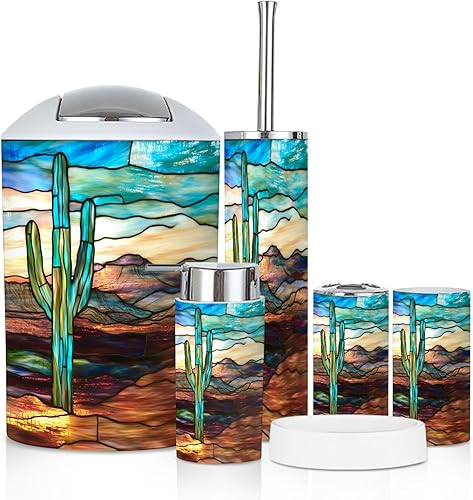 Miniatura 11 de Bathroom Accessory Set 6 Piece Mid Century Vintage 1950s Modern Retro Geometric Lattice Star Trash can, Toothbrush Holder, Soap Dispenser, Soap