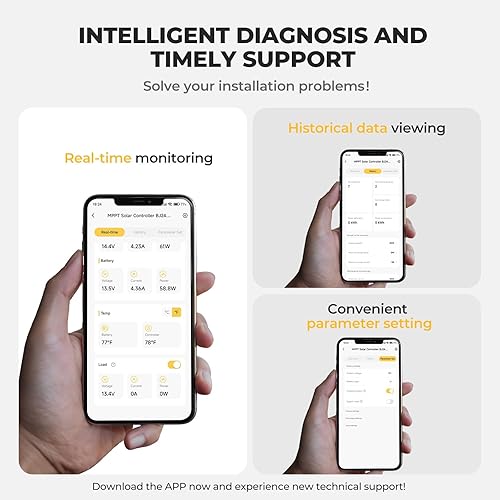 Vista 4 de BougeRV MPPT Controlador de carga solar de 40 A, con corte a baja temperatura, control de aplicación, LCD retroiluminado, regulador de panel solar