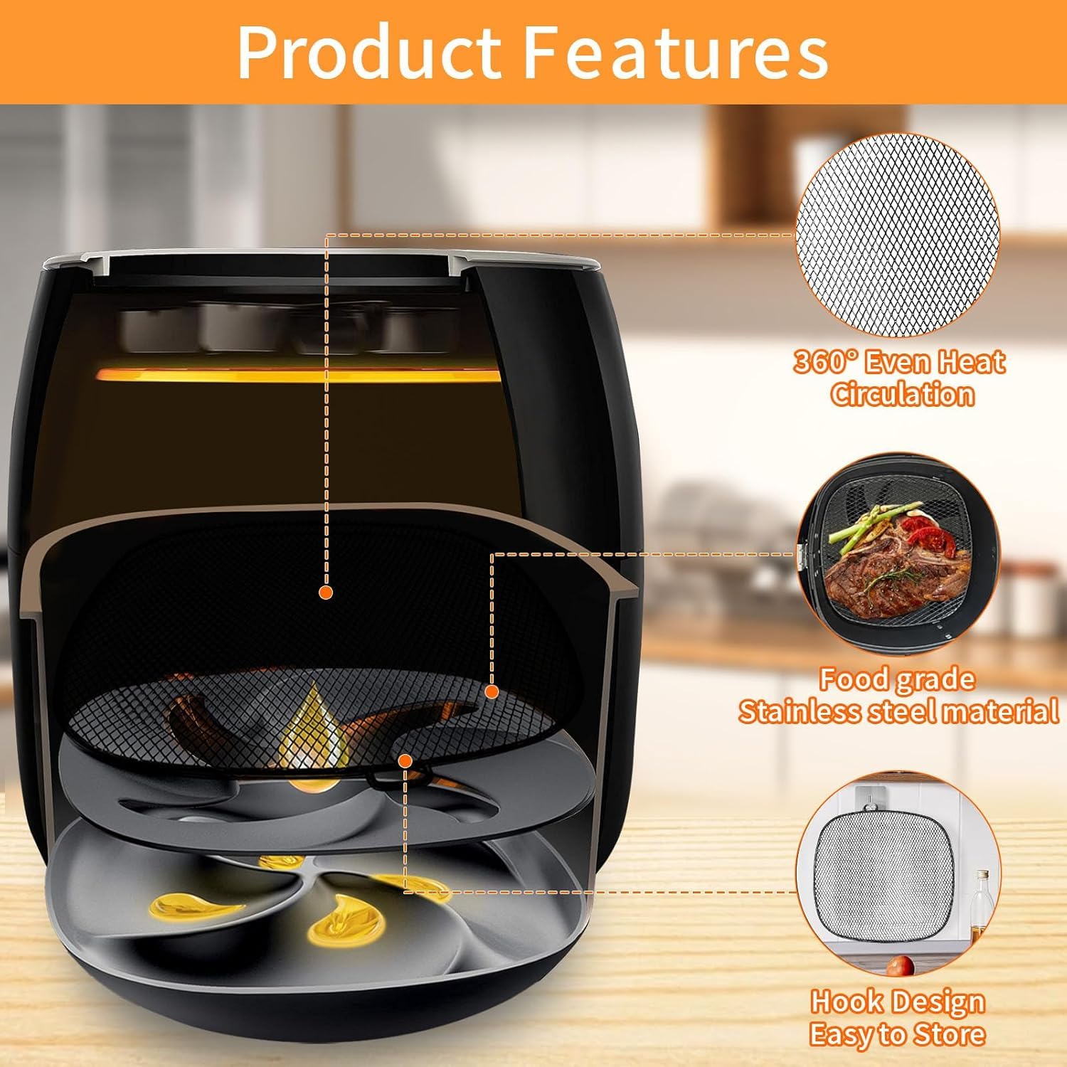 GCQ Air Fryer Zubehör für Philips HD9630 Airfryer XXL, 9"×8.6" SUS 304 Edelstahl Food Grade Air Fryer XXL Ersatzteile Korb Tablett für Philips HD9650 HD9656 HD9750 HD9860 Air Fryer