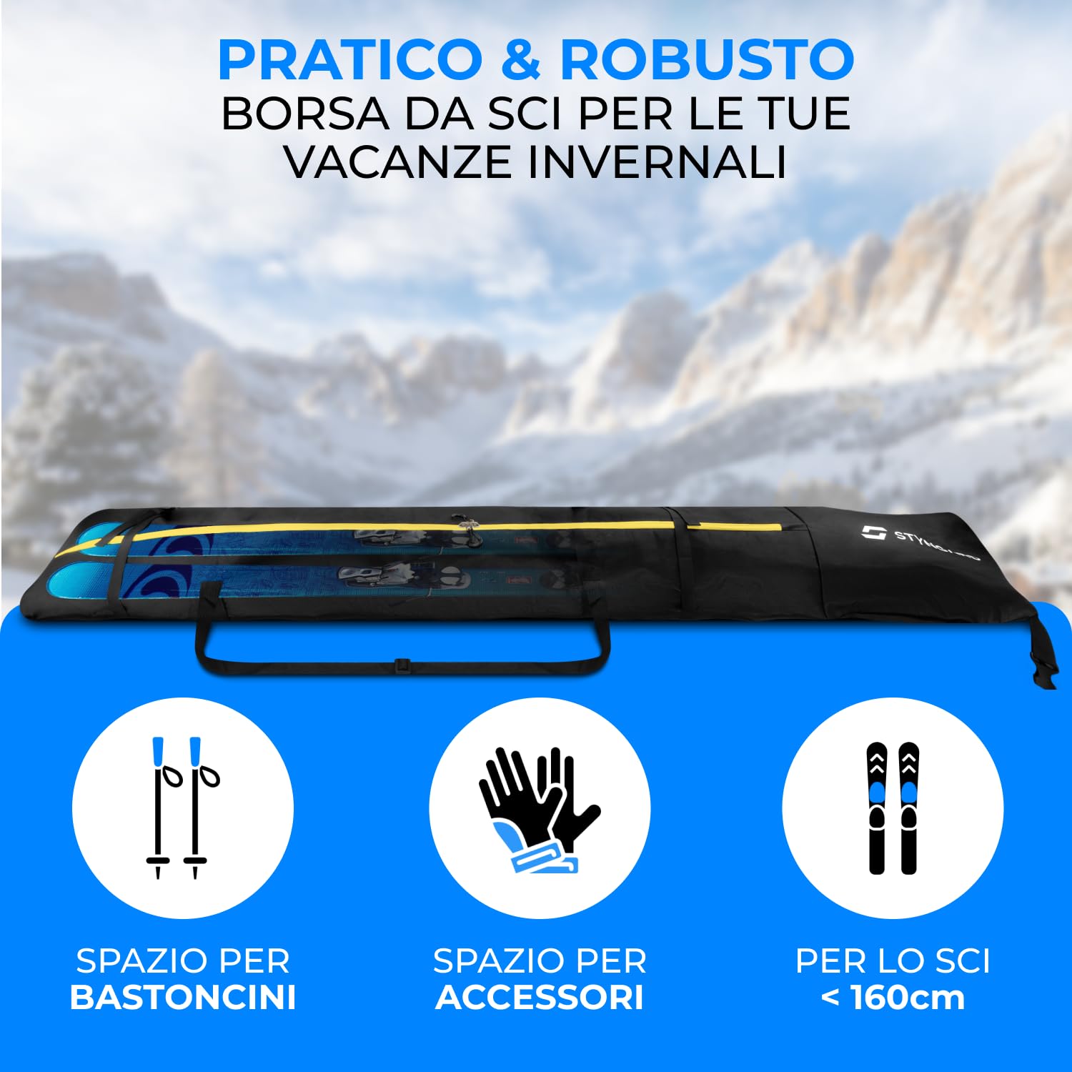 STYNGARD Sacca porta sci con chiusura a rotolo [140 cm - 200 cm] - Borsa sci in materiale resistente con cerniere di alta qualità - Modello Helsinki