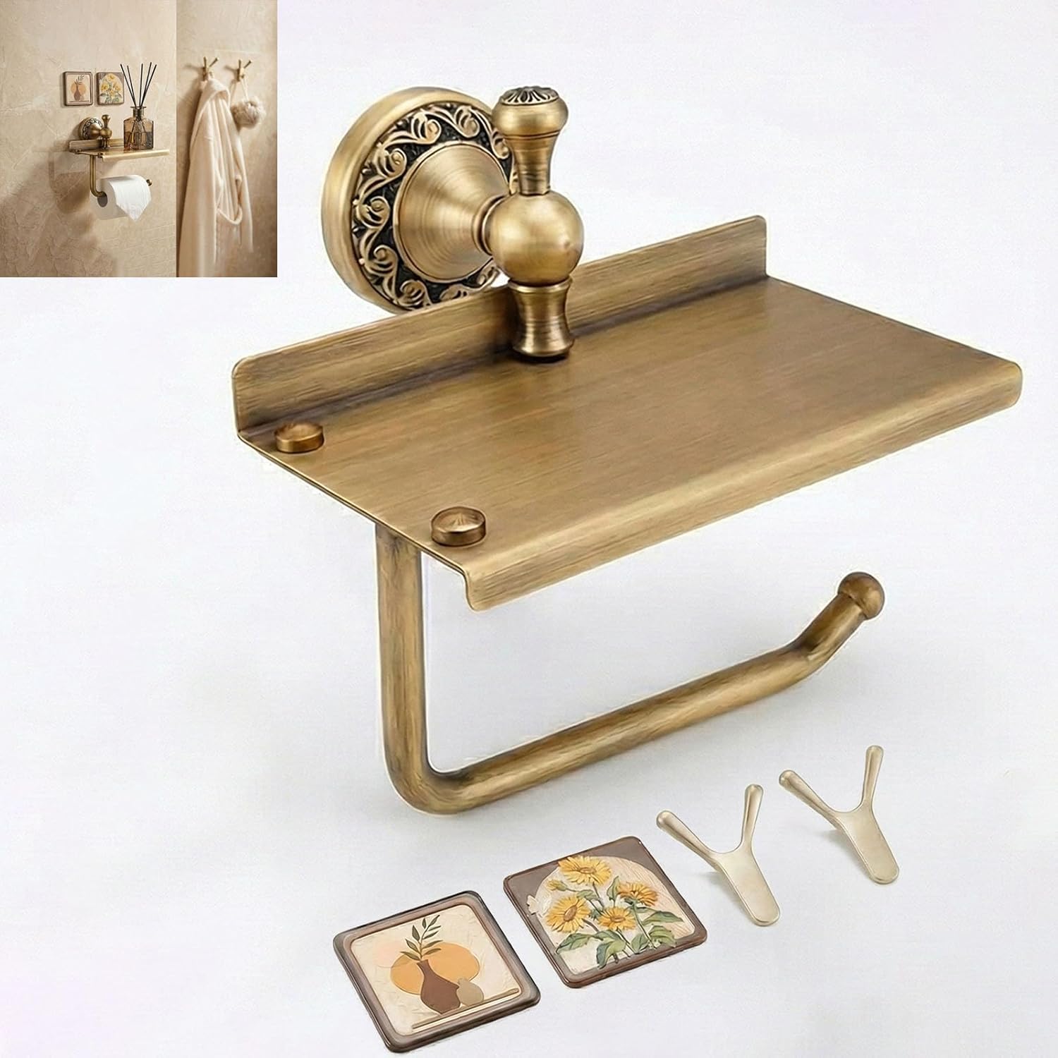 Vintage Toilet Paper Holder with Shelf,Hand-Aged Antique Brass Design with Retro Petal Base,Ideal for Bathroom Renovation or Rustic,Classic & Farmhouse Decor Styles,Enhances Overall Warmth and Quality