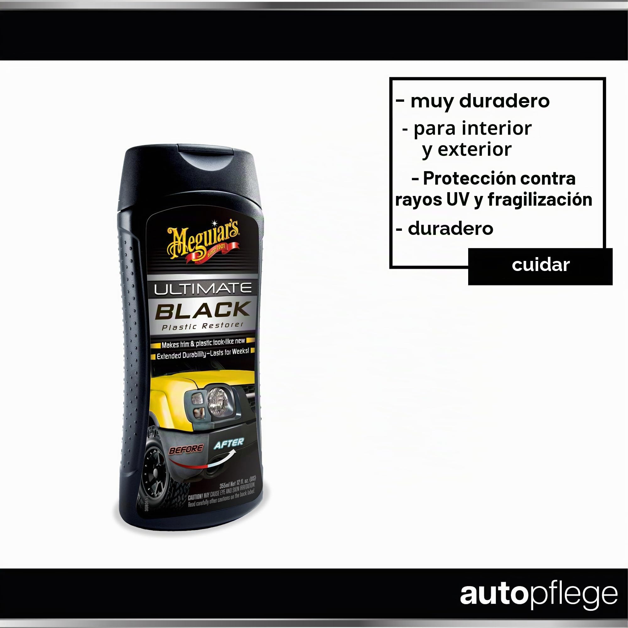 autopflege Juego de refrescadores de plástico para coche para interior y exterior | Meguiar's Ultimate Black Plastic Restorer + 3 x almohadillas aplicadoras + paño de pulido | Cuidado de plástico para