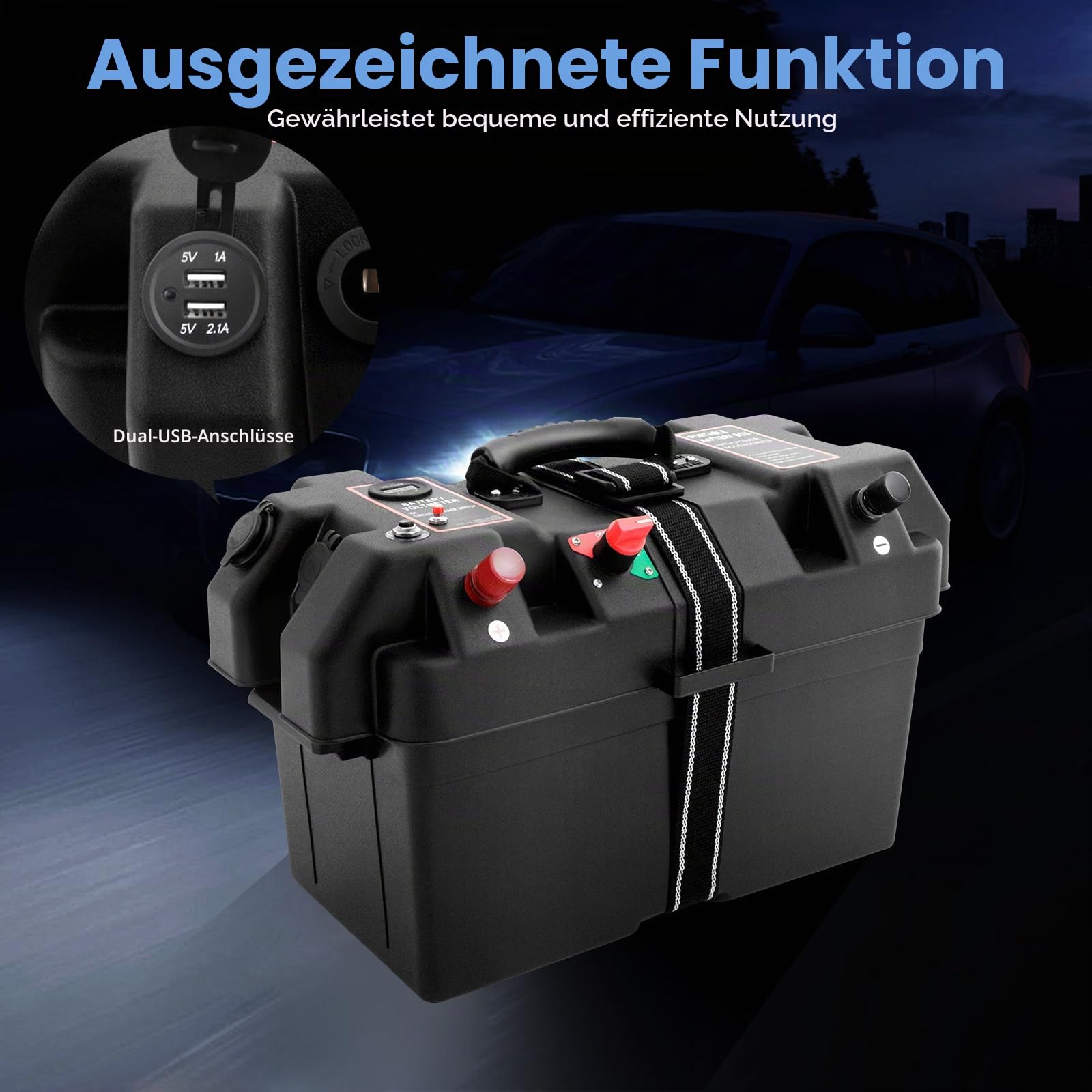 Batteriebox für Bootsmotor Elektromotor 12V Batterie Box mit USB Anschluss LED Anzeige für Schlauchboot Außenborder Elektro Boot Wohnmobil Camping